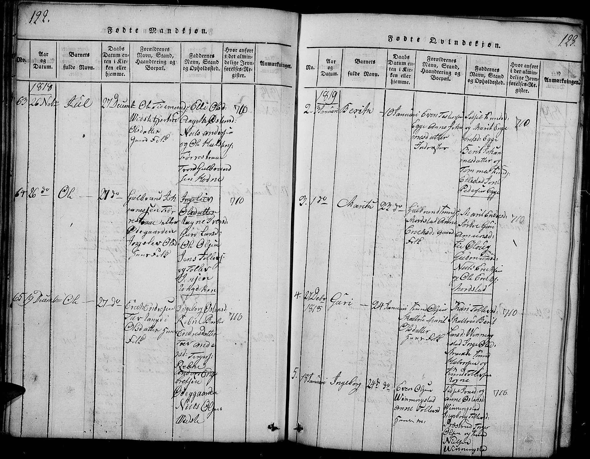 Slidre prestekontor, SAH/PREST-134/H/Ha/Haa/L0002: Parish register (official) no. 2, 1814-1830, p. 122-123
