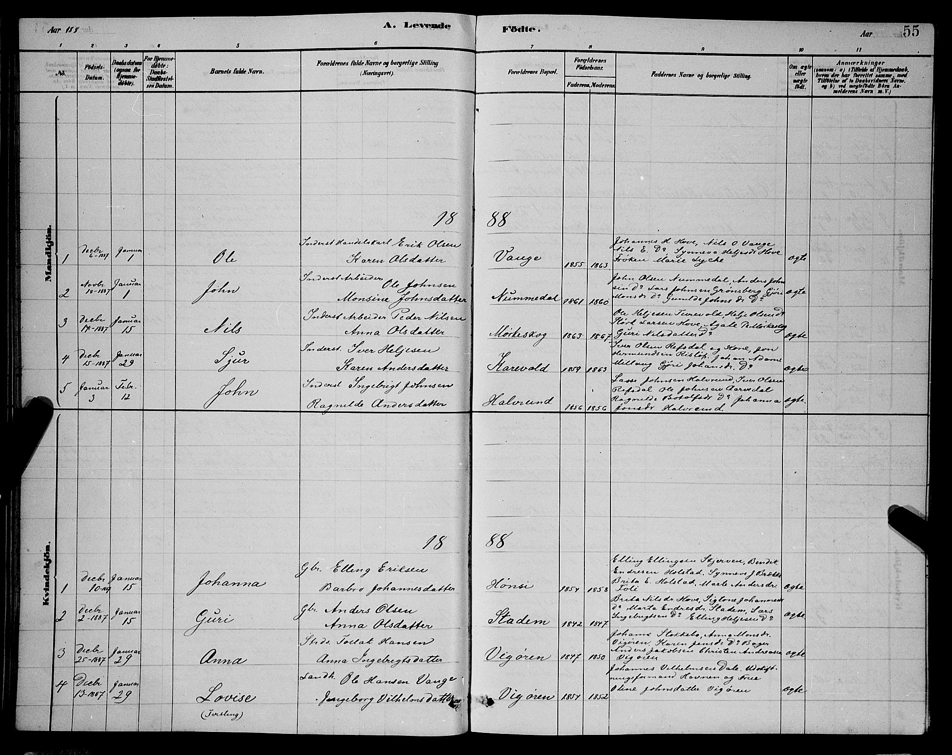 Vik sokneprestembete, SAB/A-81501: Parish register (copy) no. A 3, 1878-1894, p. 55