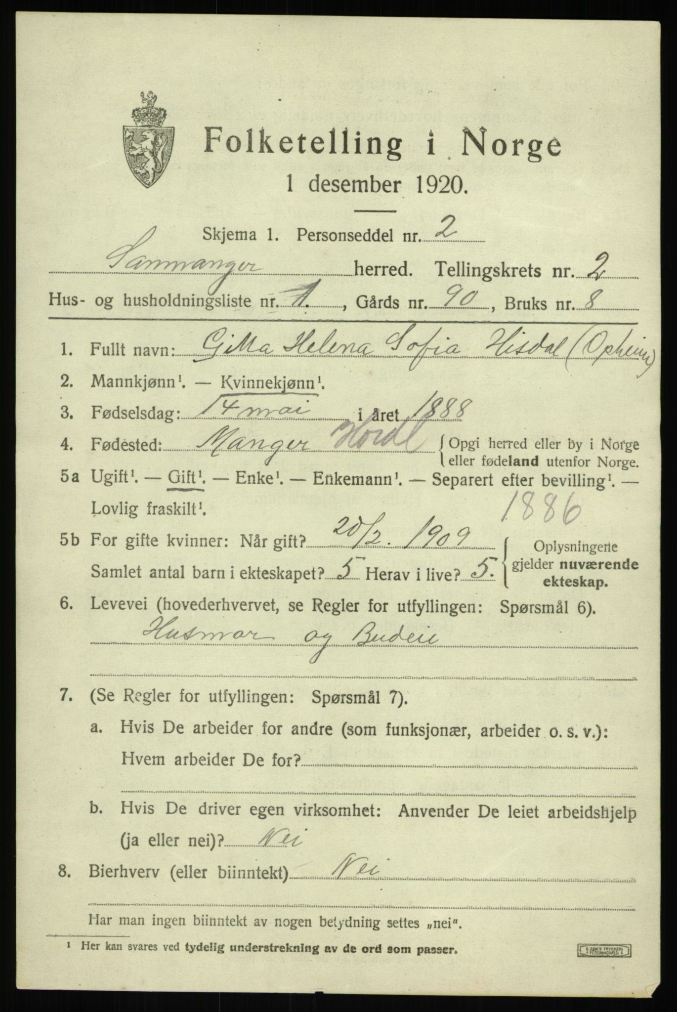 SAB, 1920 census for Samnanger, 1920, p. 1111