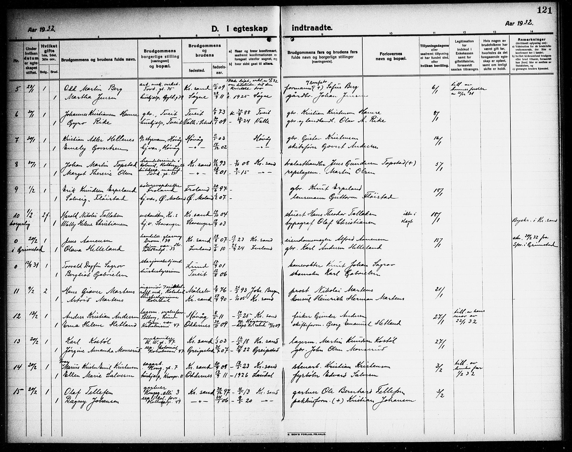 Kristiansand domprosti, AV/SAK-1112-0006/F/Fb/L0023: Parish register (copy) no. B 23, 1921-1937, p. 121