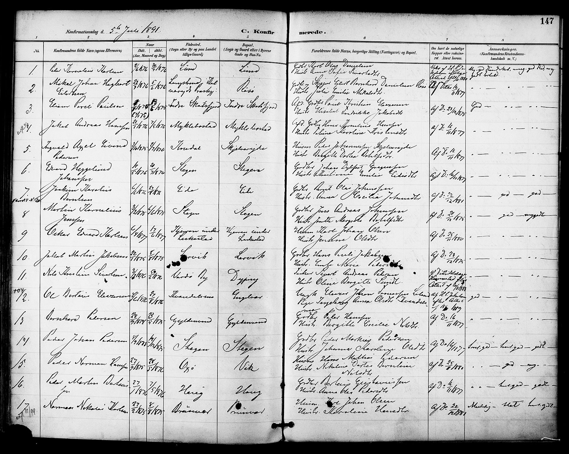 Ministerialprotokoller, klokkerbøker og fødselsregistre - Nordland, AV/SAT-A-1459/855/L0803: Parish register (official) no. 855A11, 1887-1905, p. 147