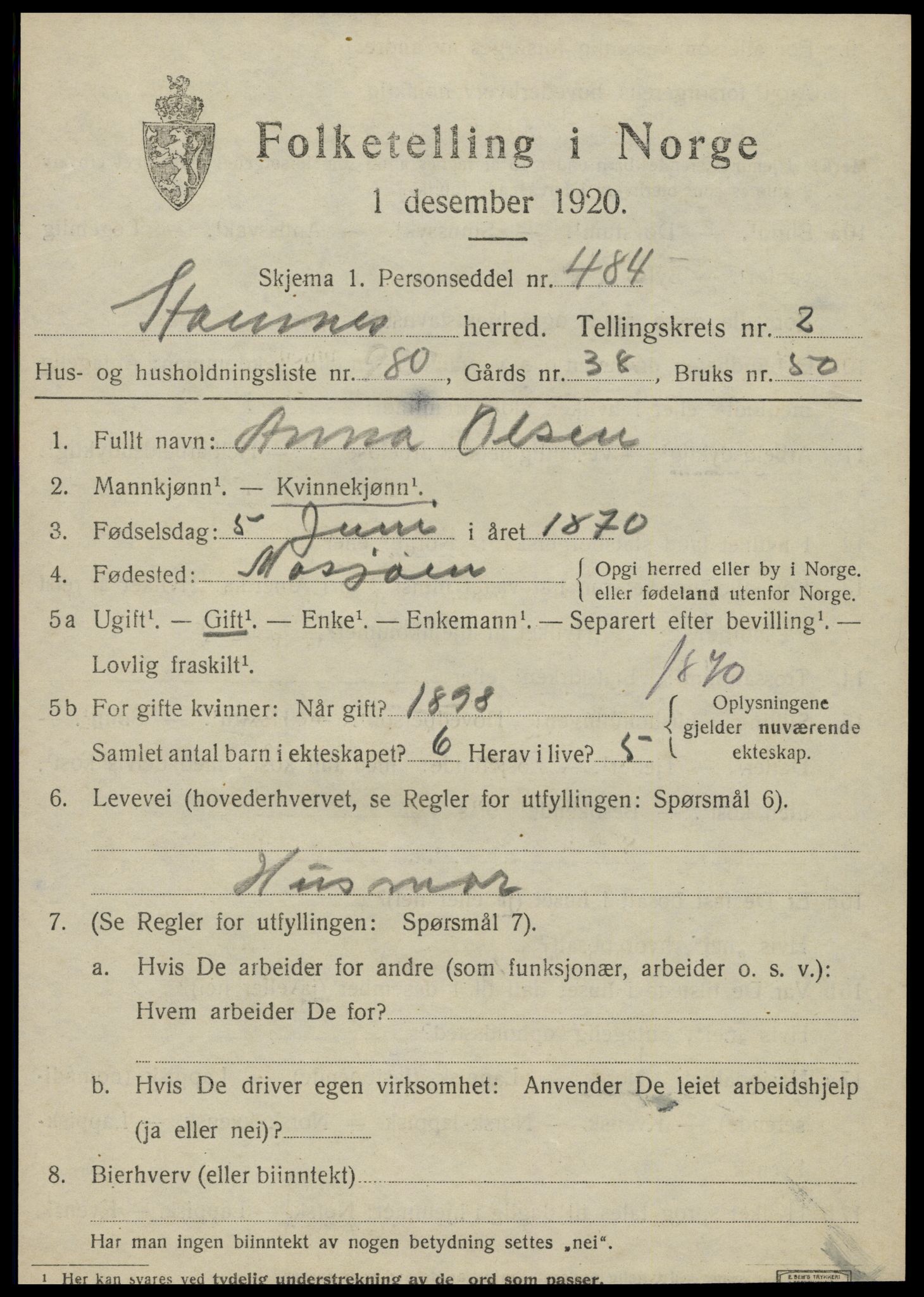 SAT, 1920 census for Stamnes, 1920, p. 3684