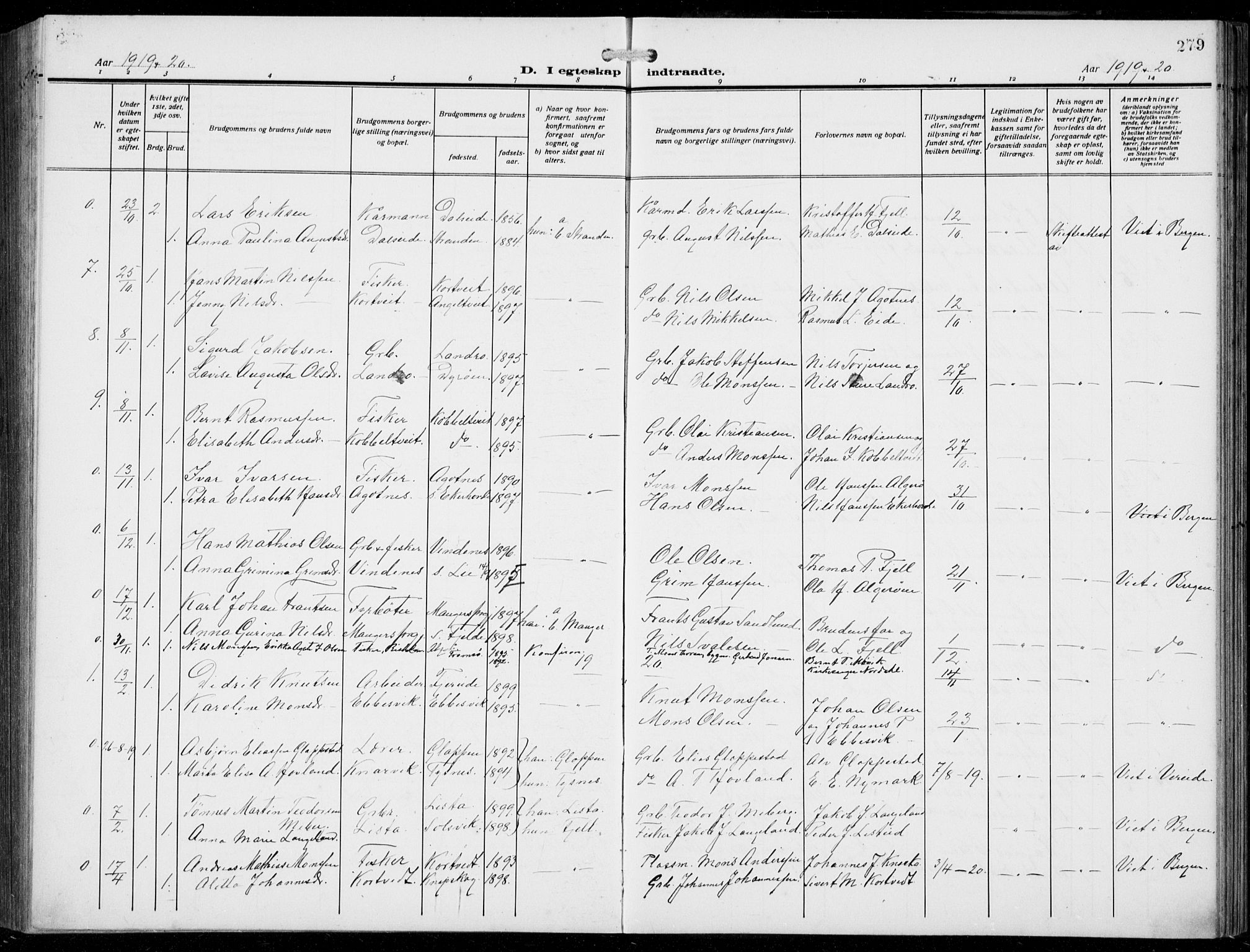 Fjell sokneprestembete, SAB/A-75301/H/Hab: Parish register (copy) no. A  6, 1918-1936, p. 279