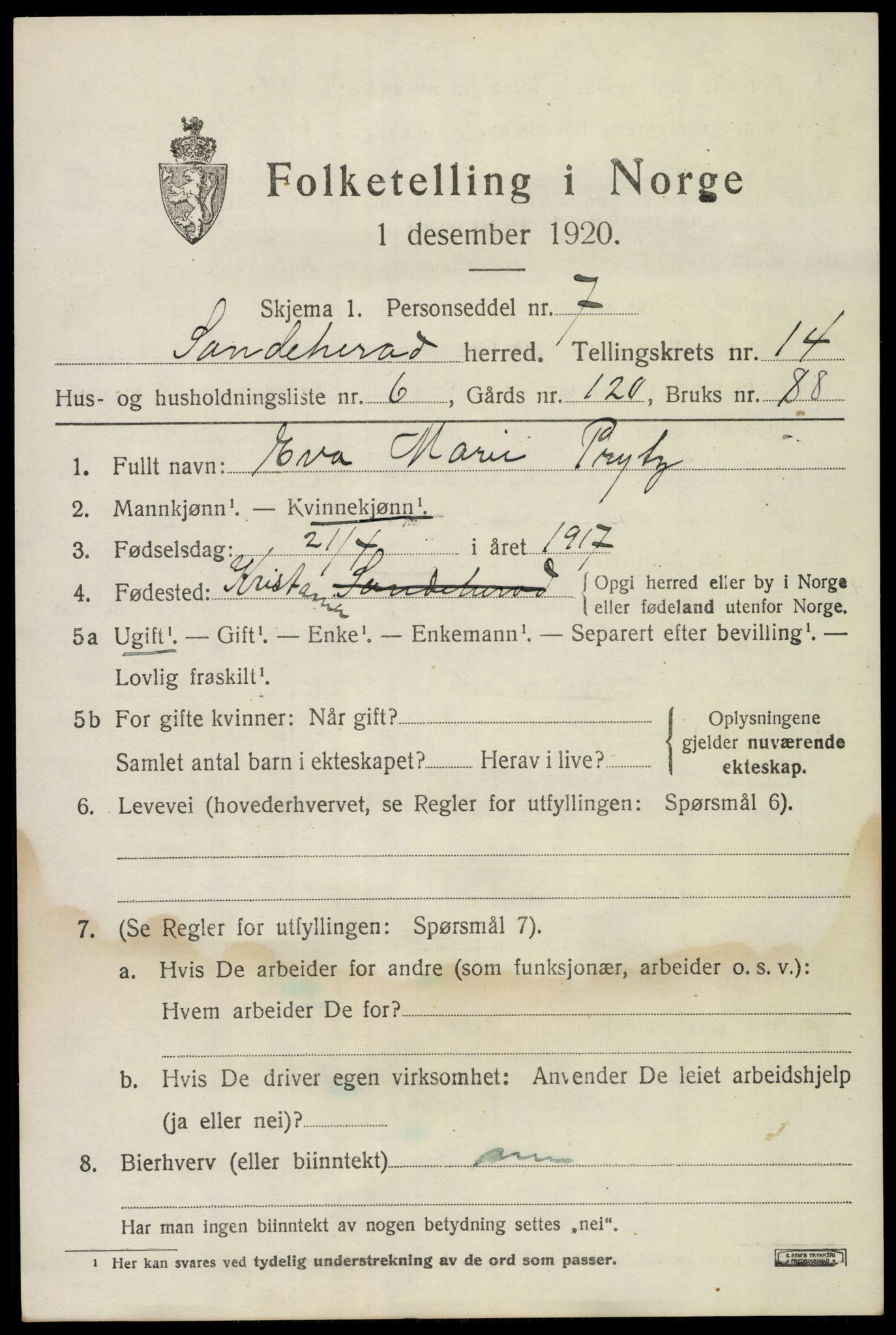 SAKO, 1920 census for Sandeherred, 1920, p. 20256