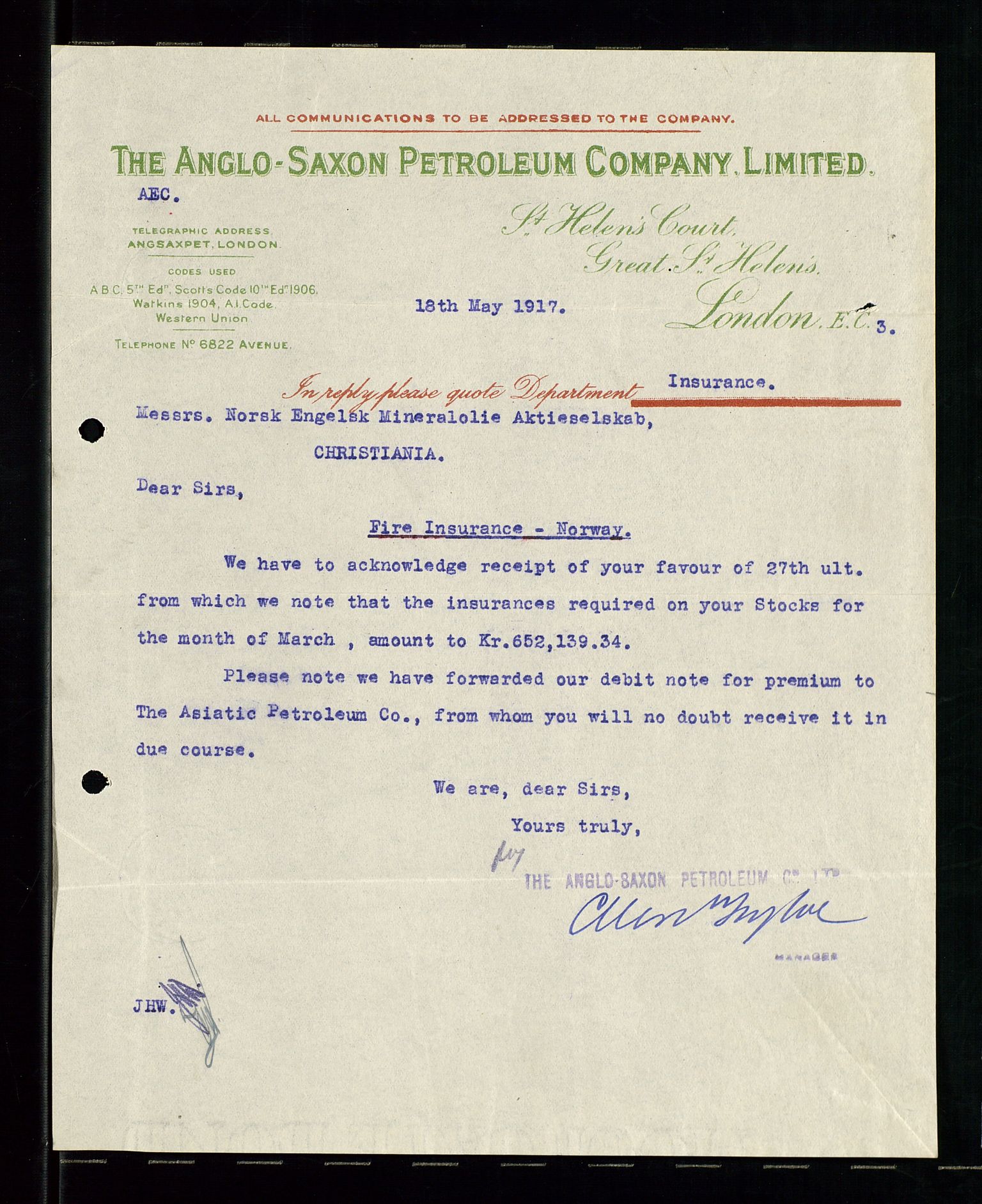 Pa 1521 - A/S Norske Shell, AV/SAST-A-101915/E/Ea/Eaa/L0001: Sjefskorrespondanse, 1917, p. 54