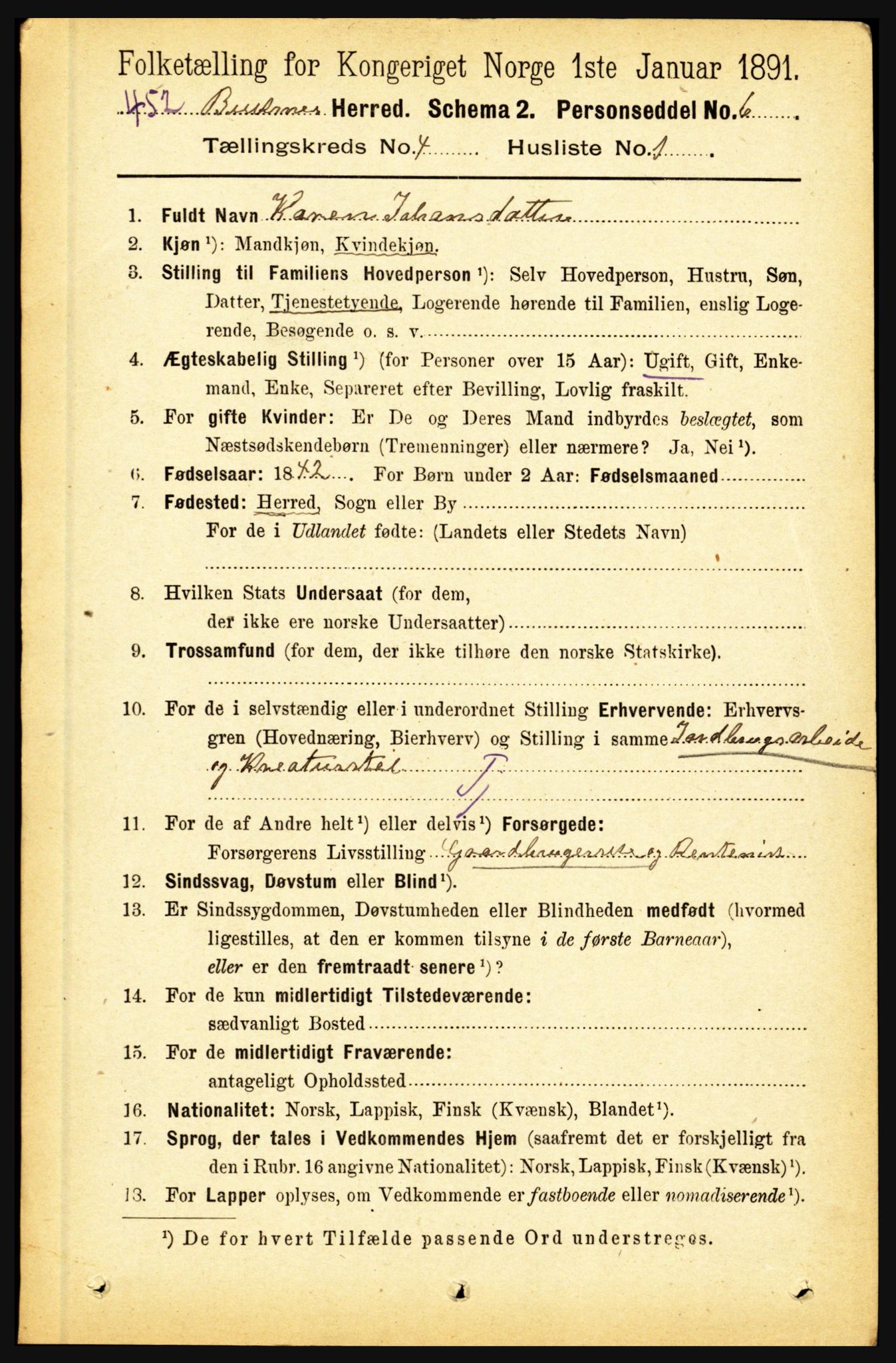 RA, 1891 census for 1860 Buksnes, 1891, p. 3021