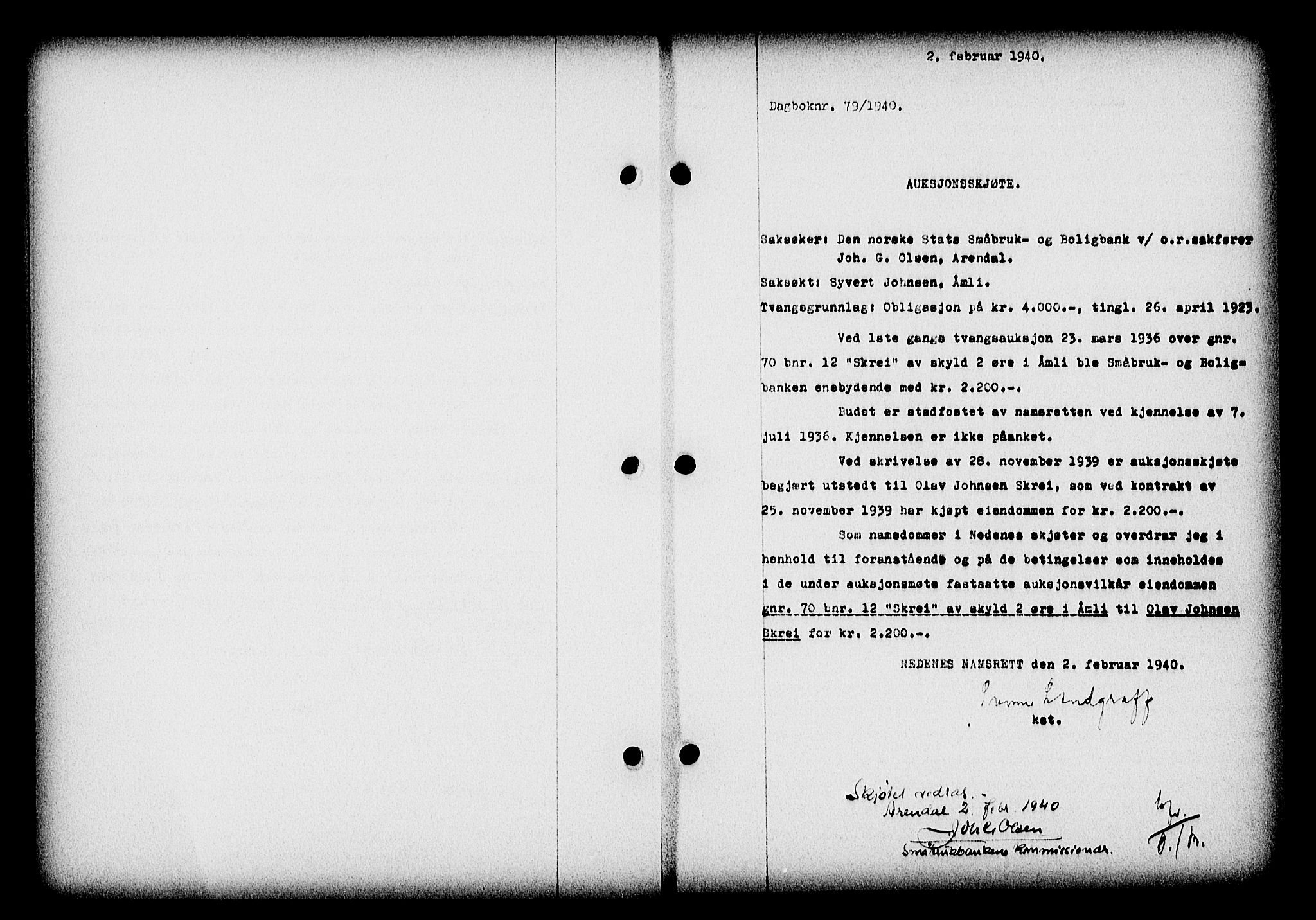 Nedenes sorenskriveri, SAK/1221-0006/G/Gb/Gba/L0047: Mortgage book no. A-I, 1939-1940, Diary no: : 79/1940