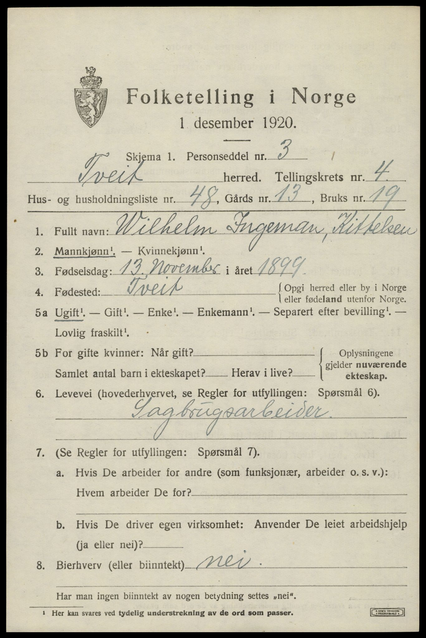 SAK, 1920 census for Tveit, 1920, p. 2424