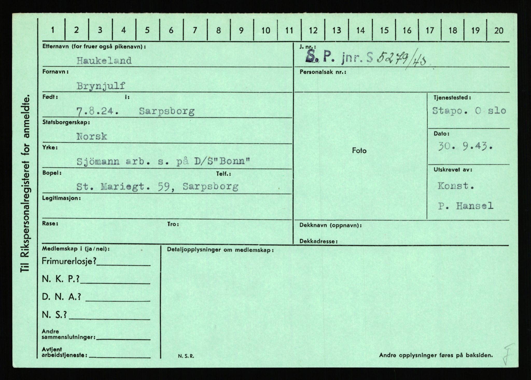 Statspolitiet - Hovedkontoret / Osloavdelingen, AV/RA-S-1329/C/Ca/L0006: Hanche - Hokstvedt, 1943-1945, p. 2743