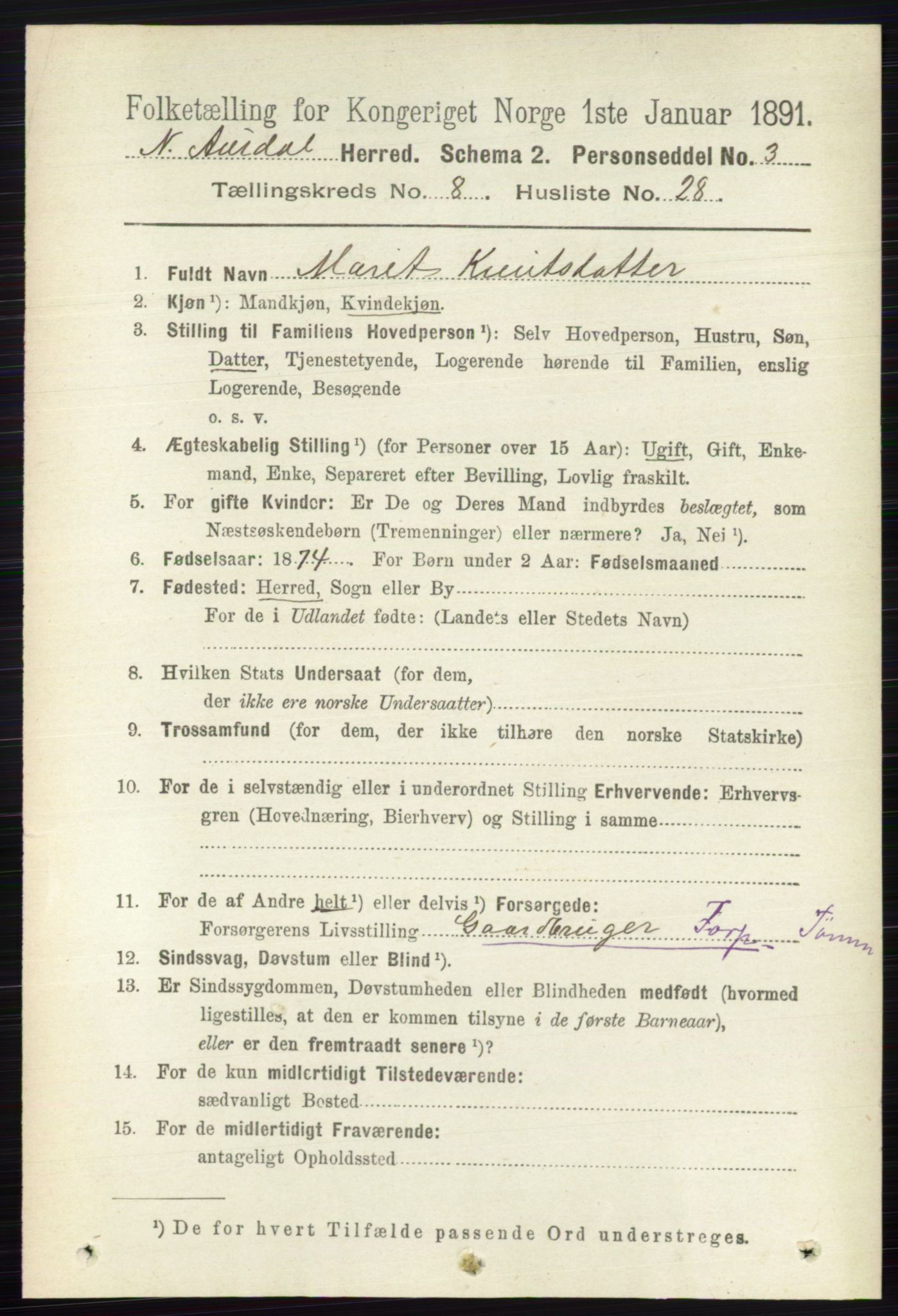 RA, 1891 census for 0542 Nord-Aurdal, 1891, p. 2956