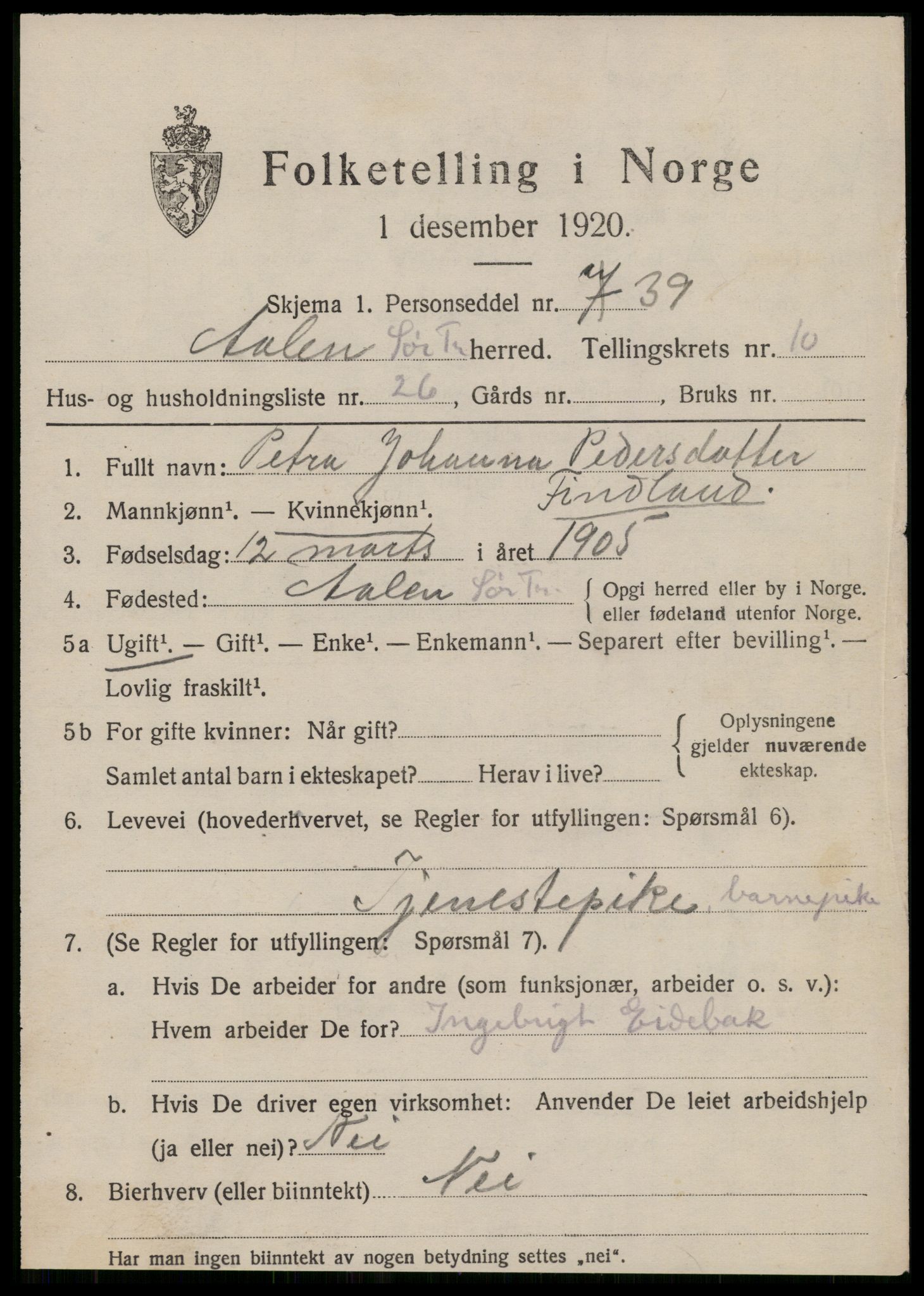 SAT, 1920 census for Ålen, 1920, p. 5160