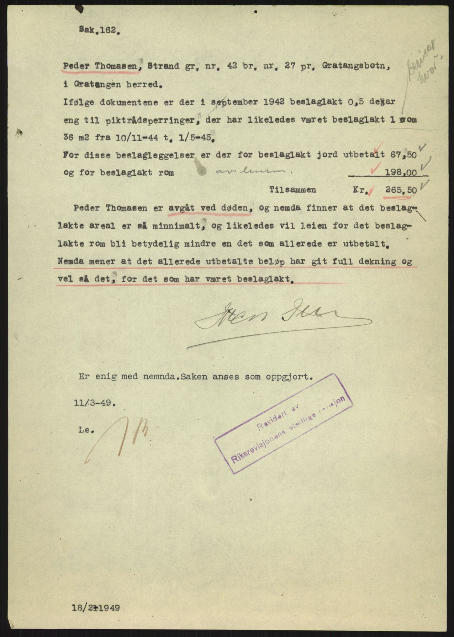Forsvarsdepartementet, 10. kontor / Oppgjørskontoret, AV/RA-RAFA-1225/D/Dd/L0480: Troms, 1942-1953, p. 413