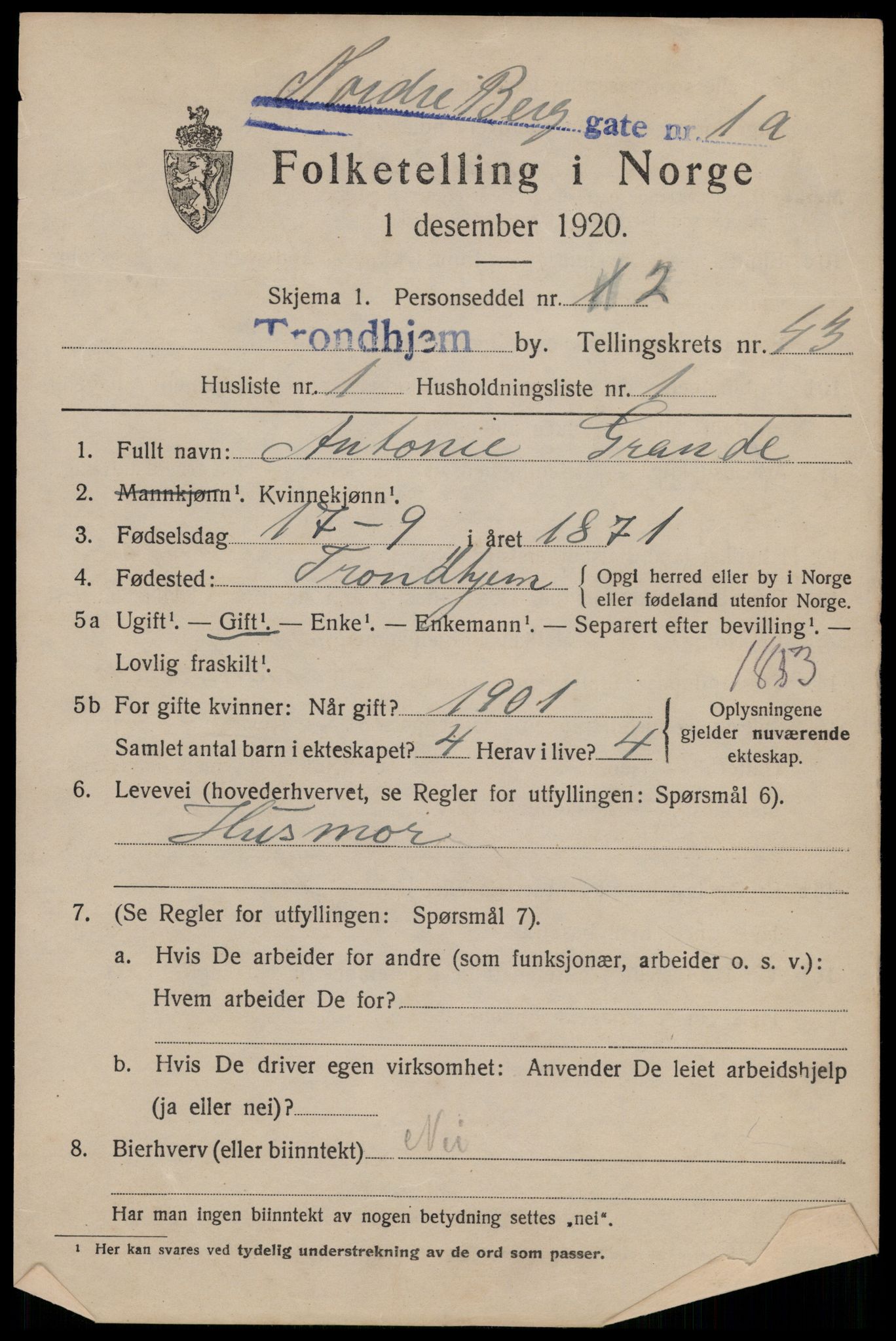 SAT, 1920 census for Trondheim, 1920, p. 93552