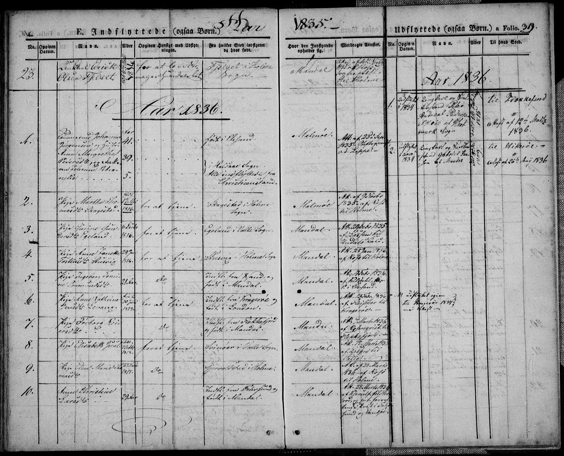Mandal sokneprestkontor, SAK/1111-0030/F/Fa/Faa/L0011: Parish register (official) no. A 11, 1830-1839, p. 319