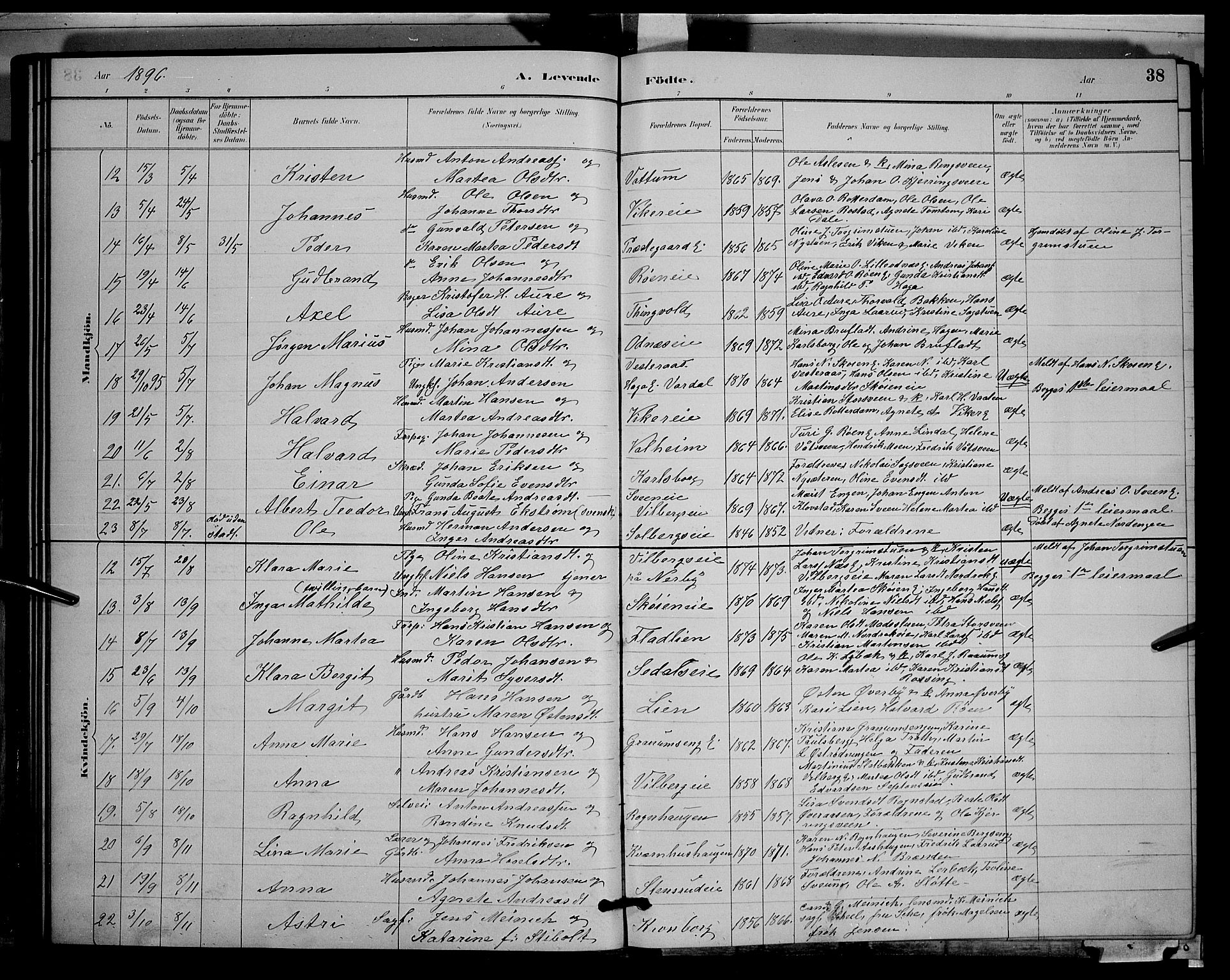 Søndre Land prestekontor, SAH/PREST-122/L/L0003: Parish register (copy) no. 3, 1884-1902, p. 38