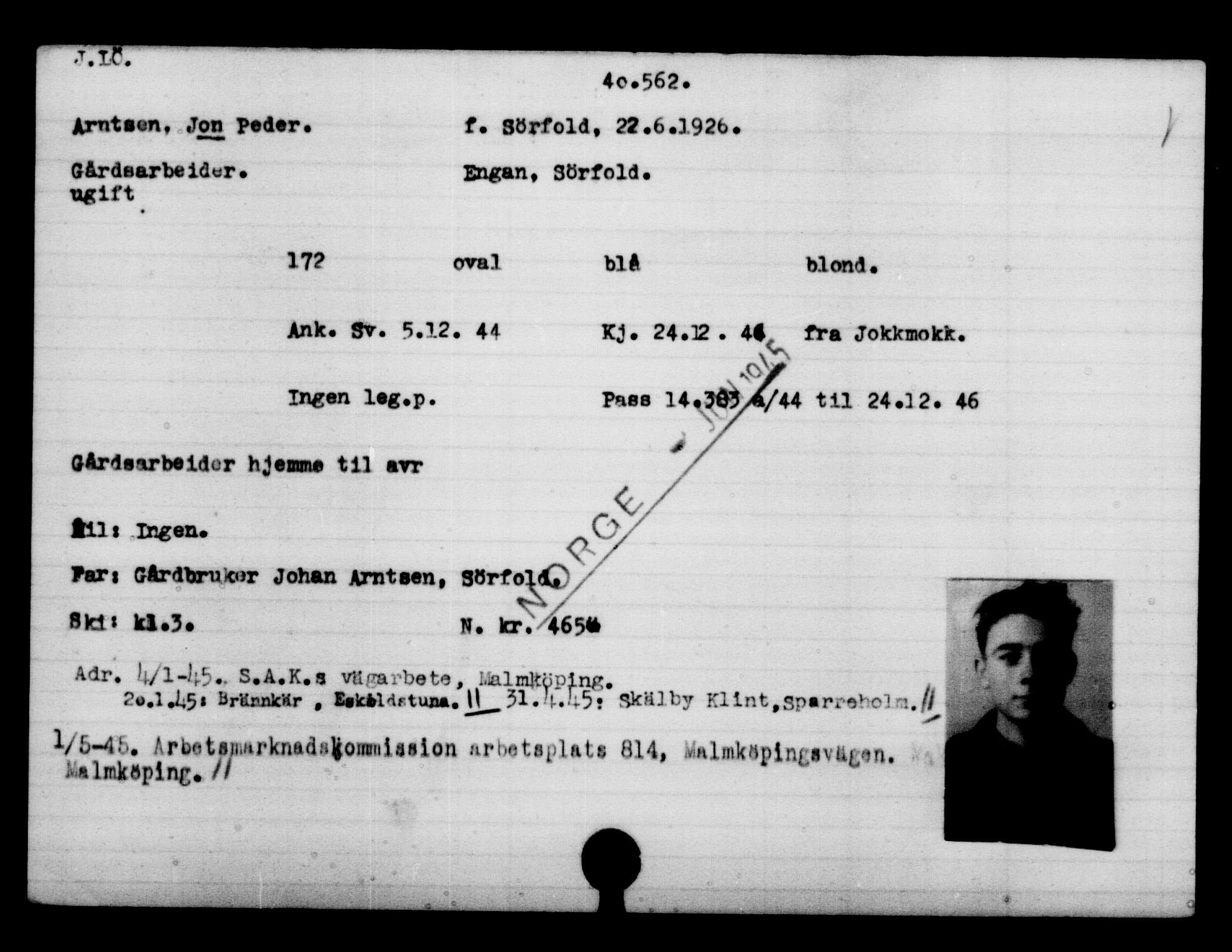 Utenriksstasjonene, Legasjonen i Stockholm, Flyktningkontoret, AV/RA-S-6753/V/Va/L0015: Kjesäterkartoteket, flyktninger med registreringsnr. 37800-40770, 1940-1945, p. 2866