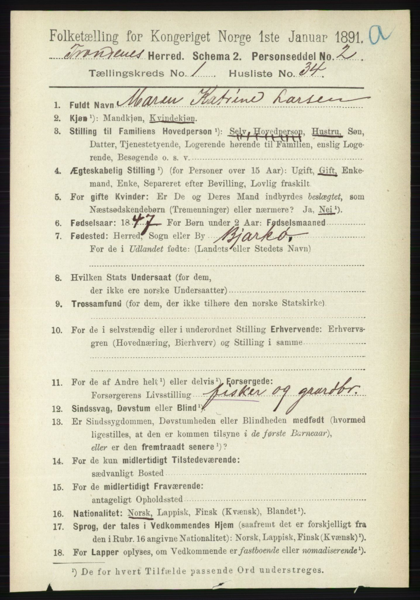 RA, 1891 census for 1914 Trondenes, 1891, p. 337