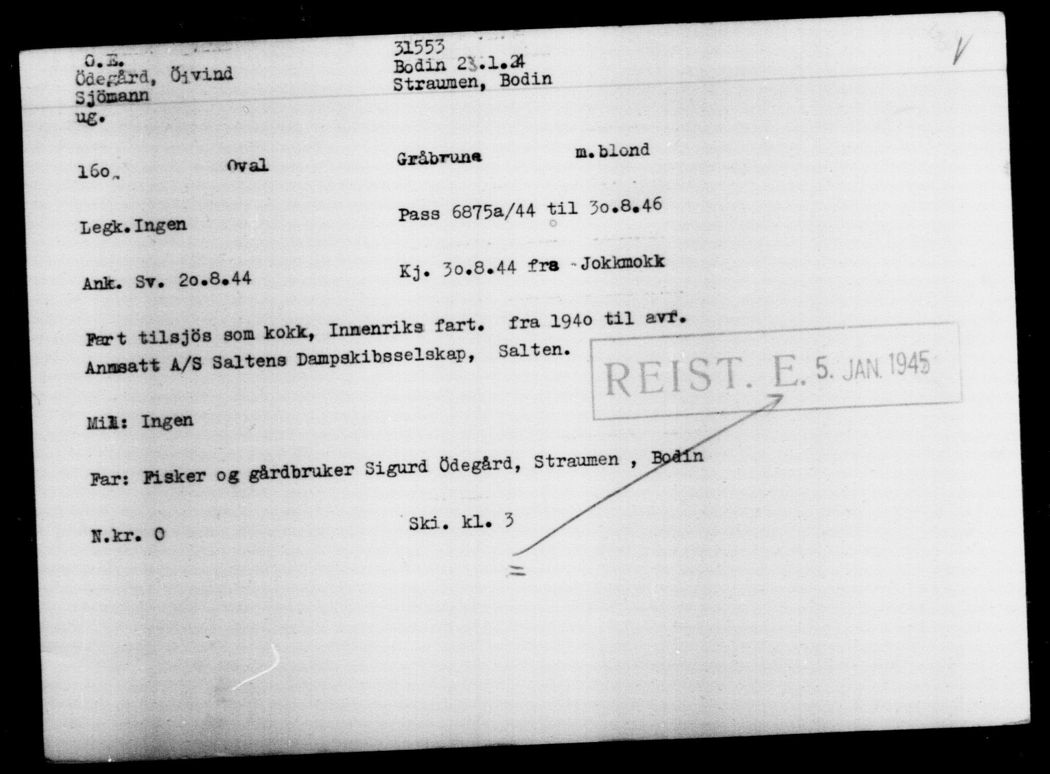 Utenriksstasjonene, Legasjonen i Stockholm, Flyktningkontoret, AV/RA-S-6753/V/Va/L0013: Kjesäterkartoteket, flyktninger med registreringsnr. 31500-34731, 1940-1945, p. 58