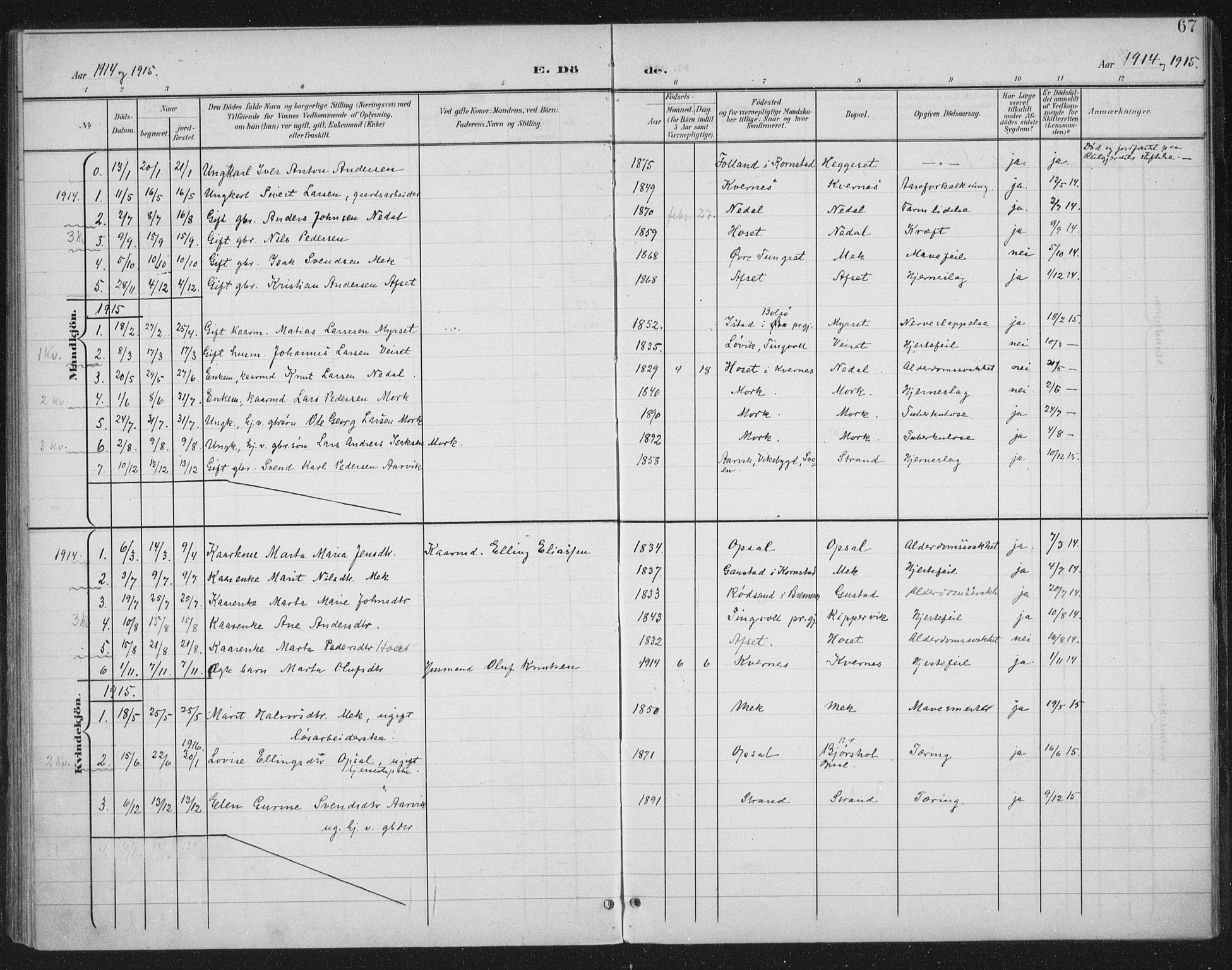 Ministerialprotokoller, klokkerbøker og fødselsregistre - Møre og Romsdal, SAT/A-1454/568/L0810: Parish register (official) no. 568A14, 1901-1915, p. 67