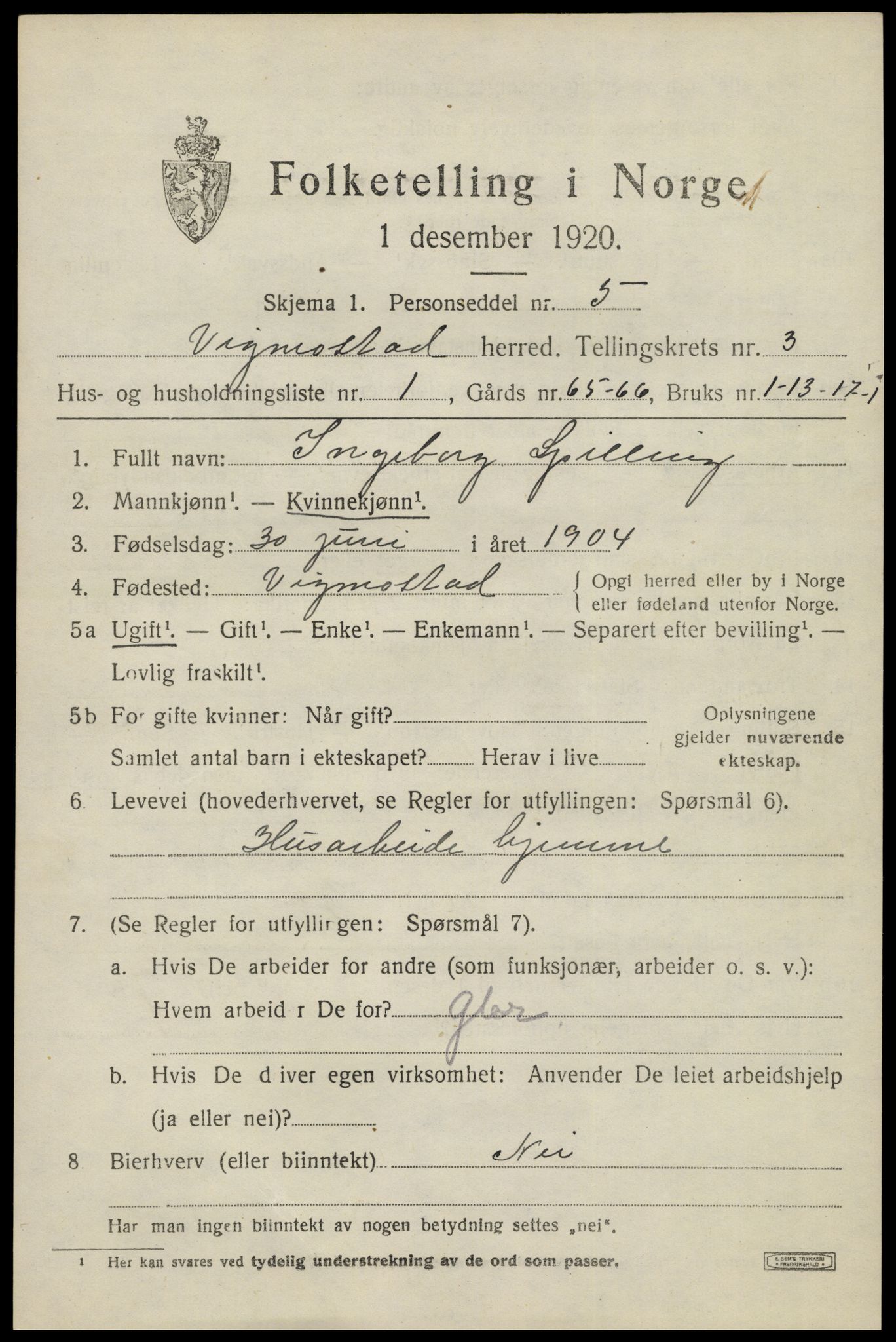 SAK, 1920 census for Vigmostad, 1920, p. 823