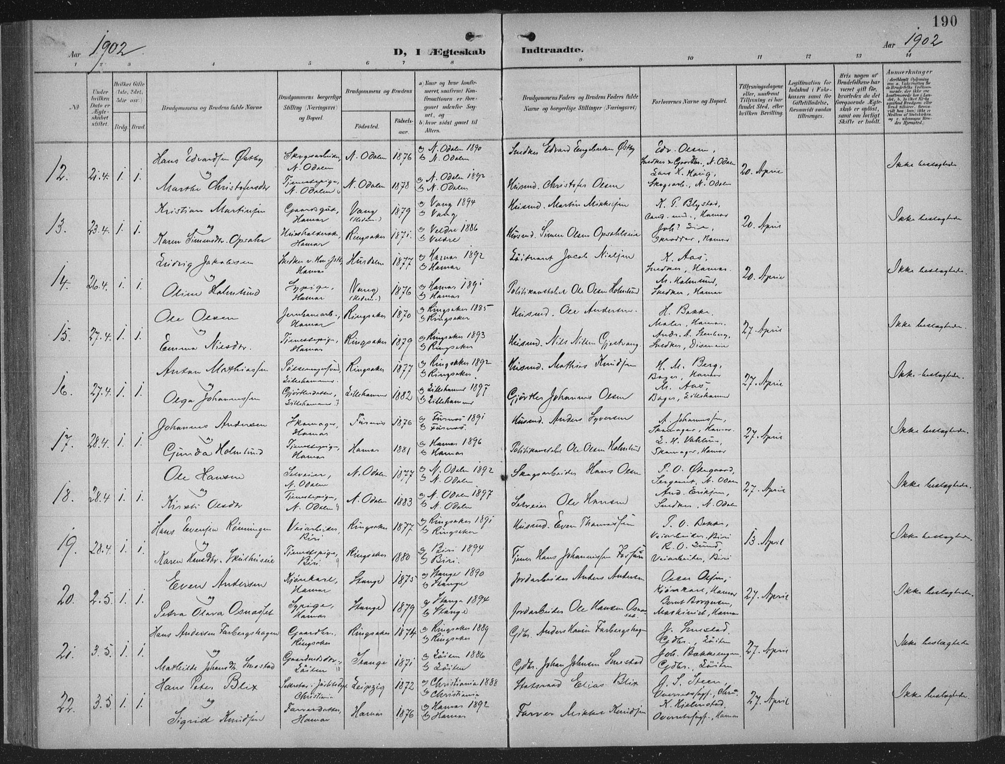 Hamar prestekontor, AV/SAH-DOMPH-002/H/Ha/Haa/L0001: Parish register (official) no. 1, 1900-1914, p. 190