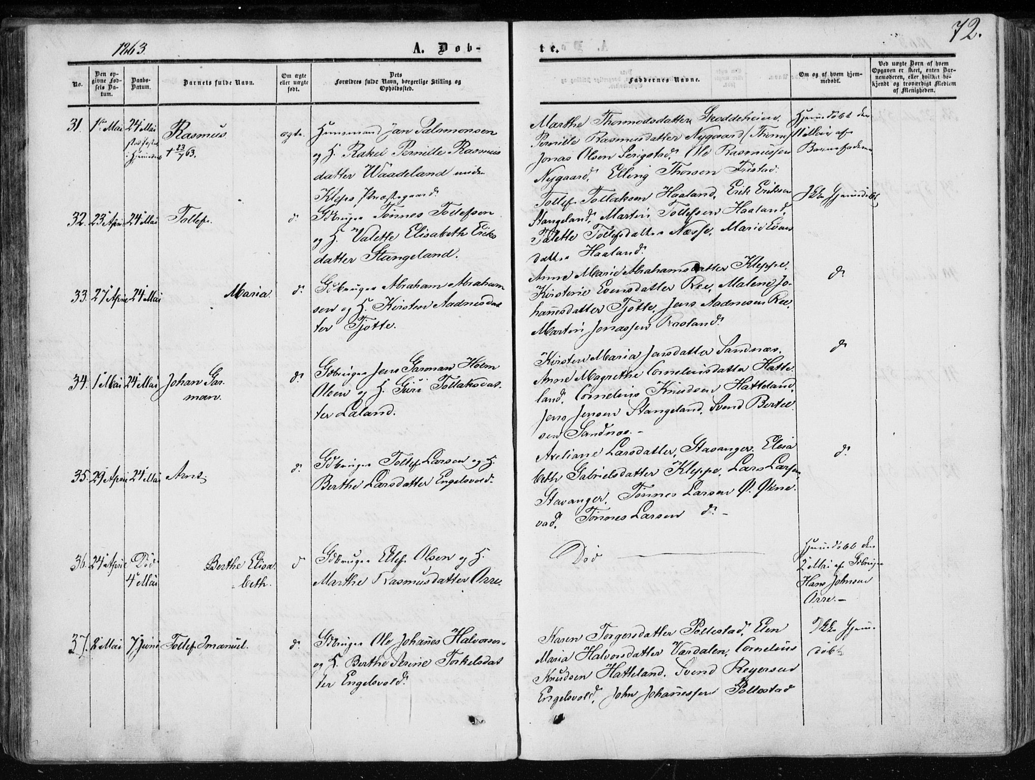 Klepp sokneprestkontor, SAST/A-101803/001/3/30BA/L0005: Parish register (official) no. A 5, 1853-1870, p. 72