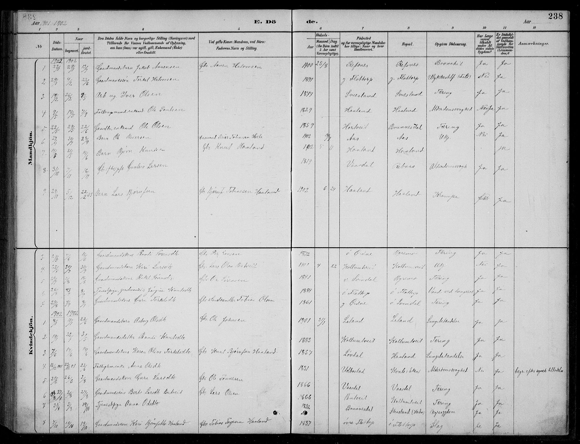 Bjelland sokneprestkontor, SAK/1111-0005/F/Fb/Fbc/L0003: Parish register (copy) no. B 3, 1887-1924, p. 238