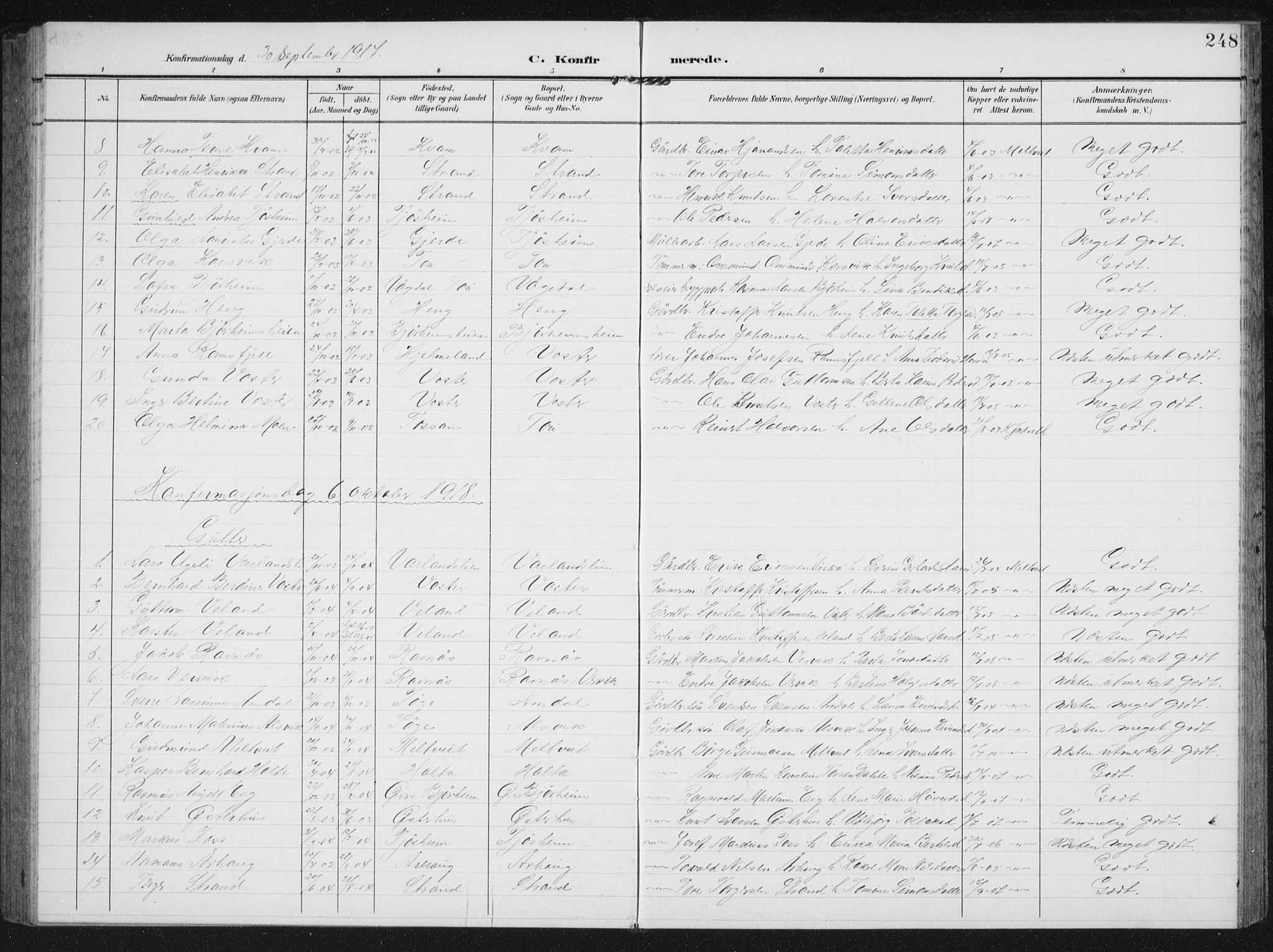 Strand sokneprestkontor, AV/SAST-A-101828/H/Ha/Hab/L0005: Parish register (copy) no. B 5, 1904-1934, p. 248