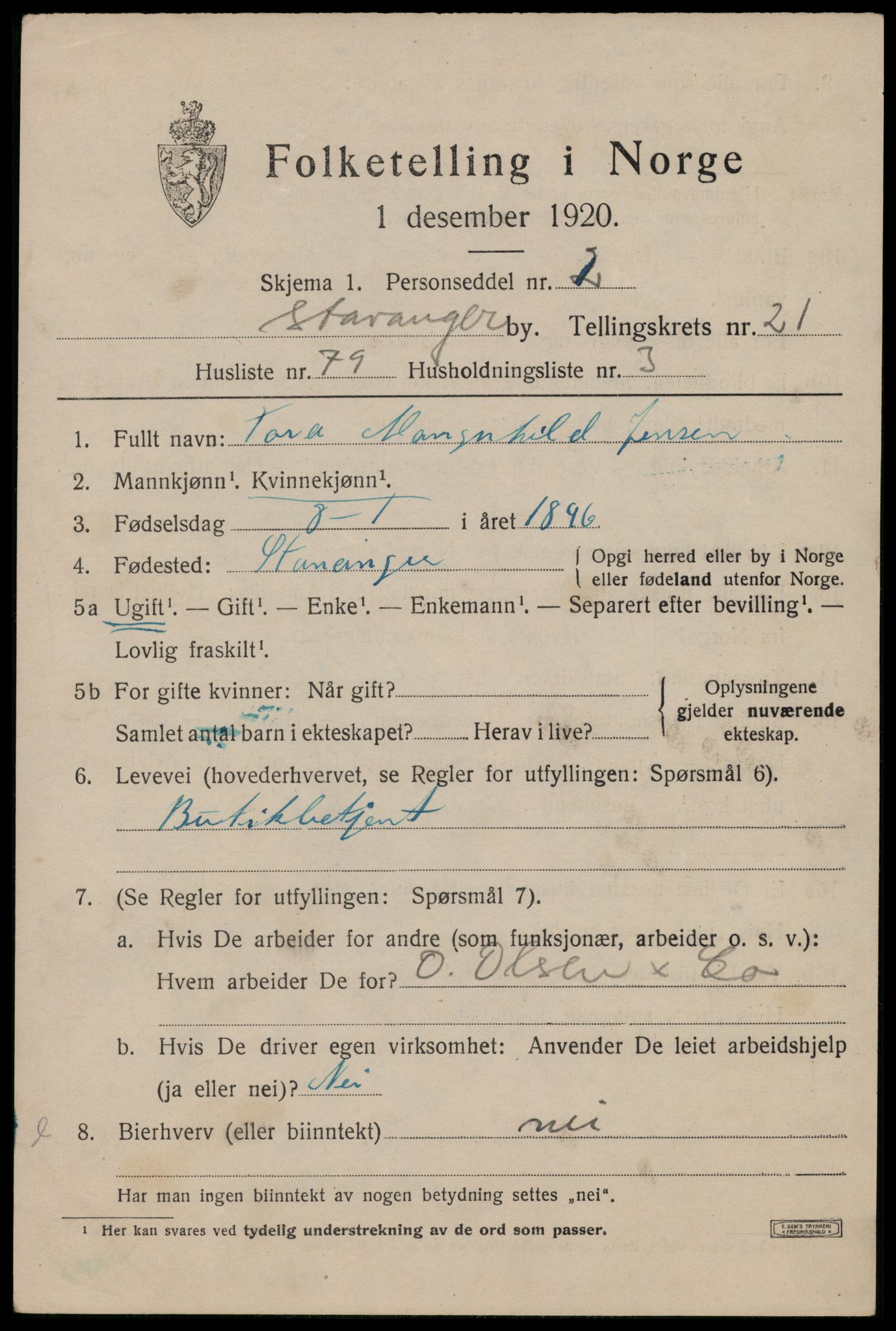 SAST, 1920 census for Stavanger, 1920, p. 73134