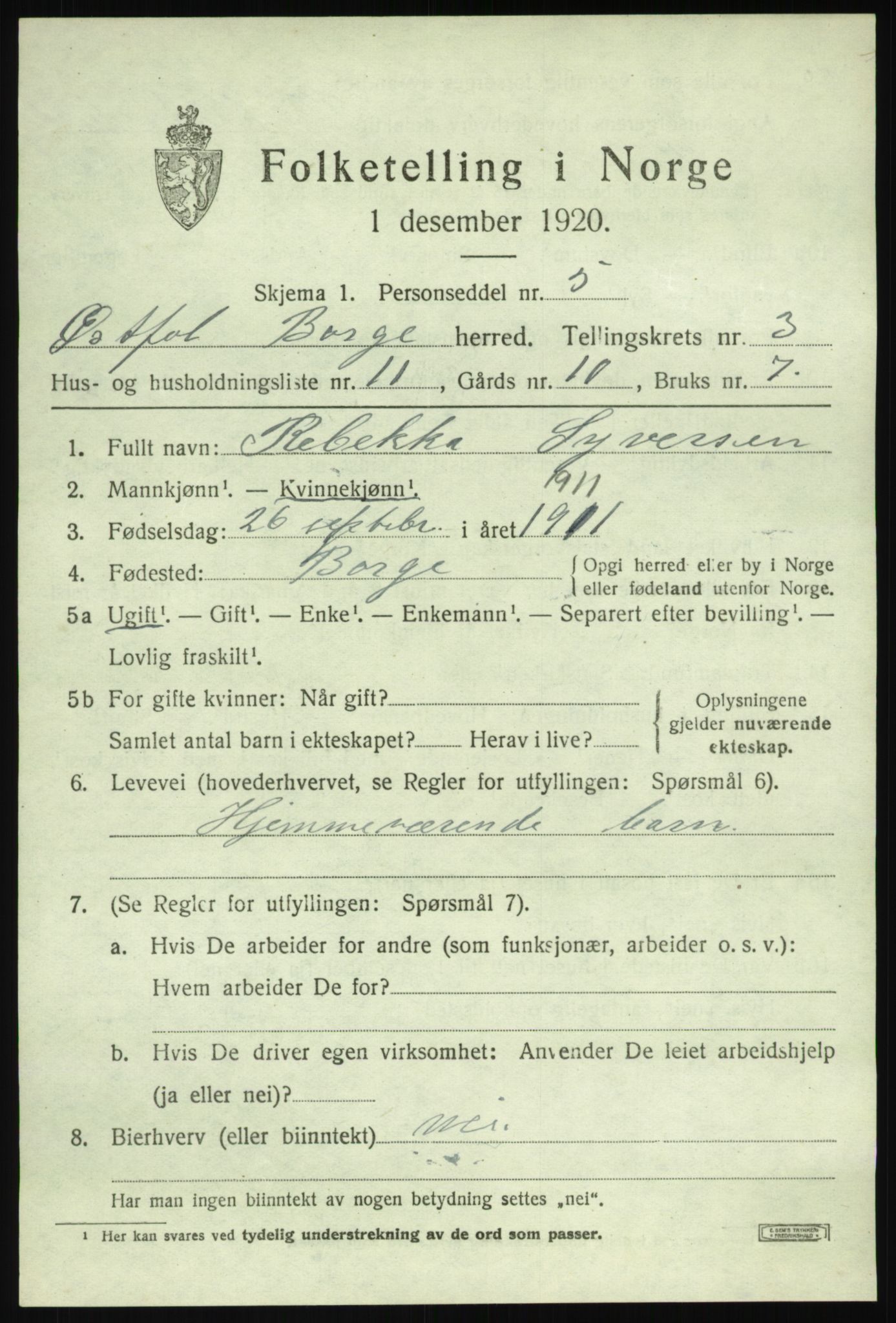 SAO, 1920 census for Borge, 1920, p. 3433