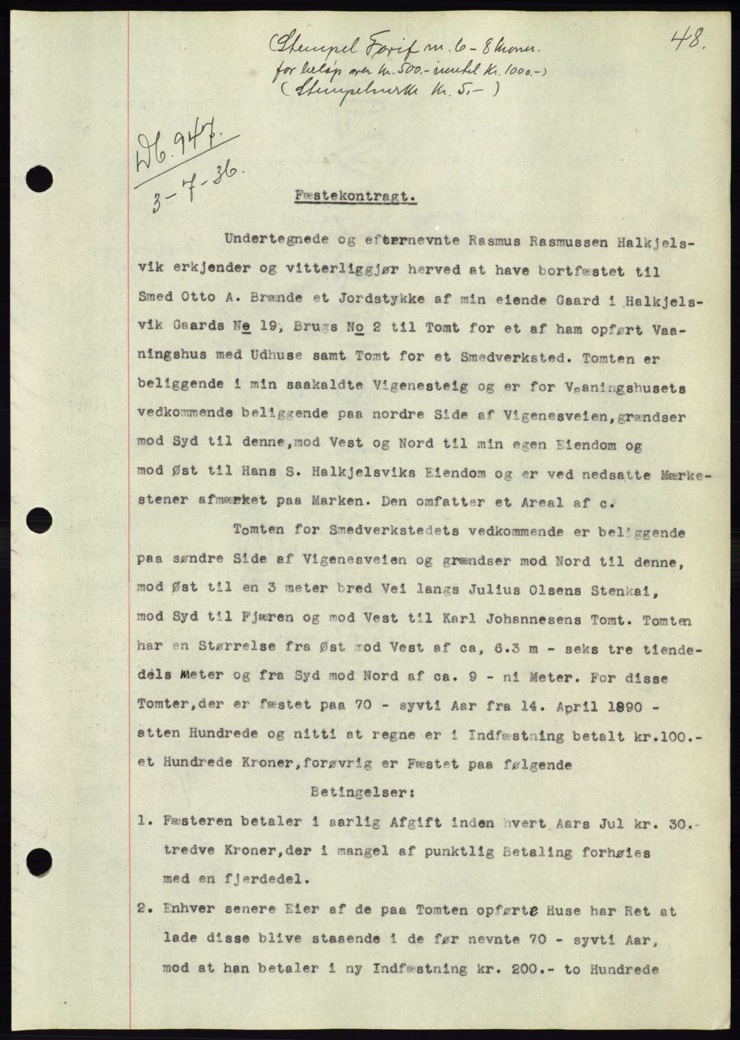 Søre Sunnmøre sorenskriveri, AV/SAT-A-4122/1/2/2C/L0061: Mortgage book no. 55, 1936-1936, Diary no: : 947/1936