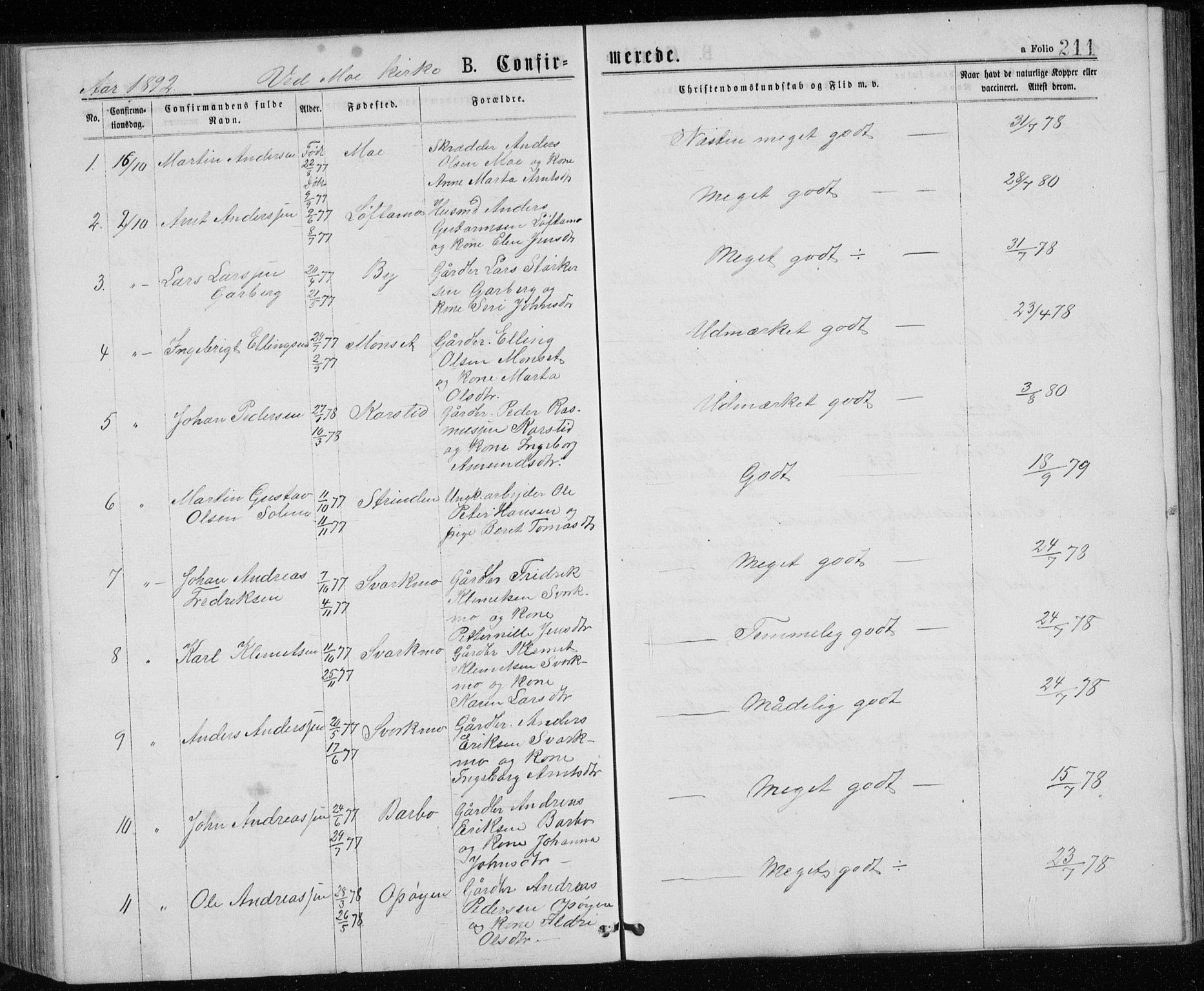 Ministerialprotokoller, klokkerbøker og fødselsregistre - Sør-Trøndelag, SAT/A-1456/671/L0843: Parish register (copy) no. 671C02, 1873-1892, p. 211