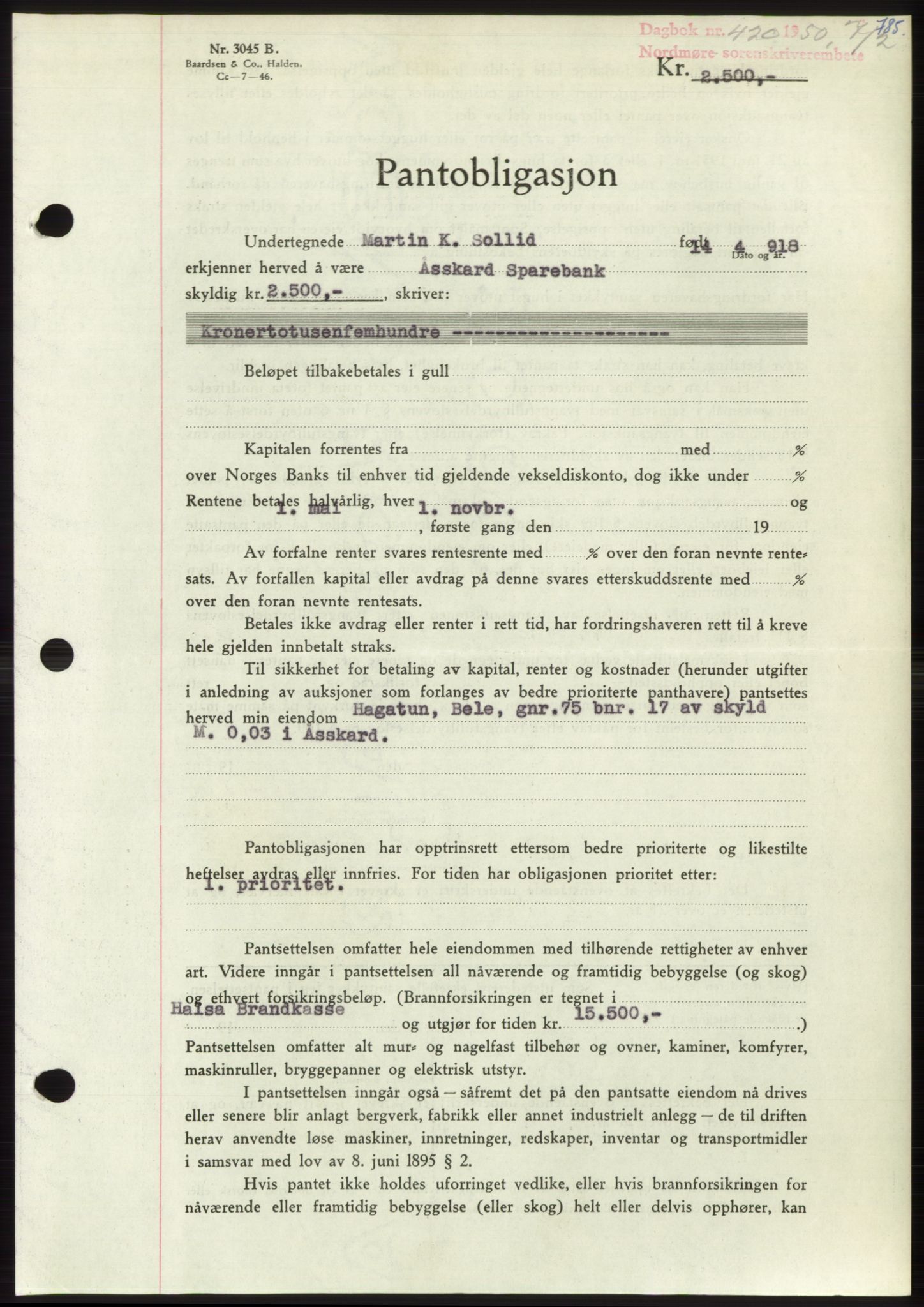 Nordmøre sorenskriveri, SAT/A-4132/1/2/2Ca: Mortgage book no. B103, 1949-1950, Diary no: : 420/1950
