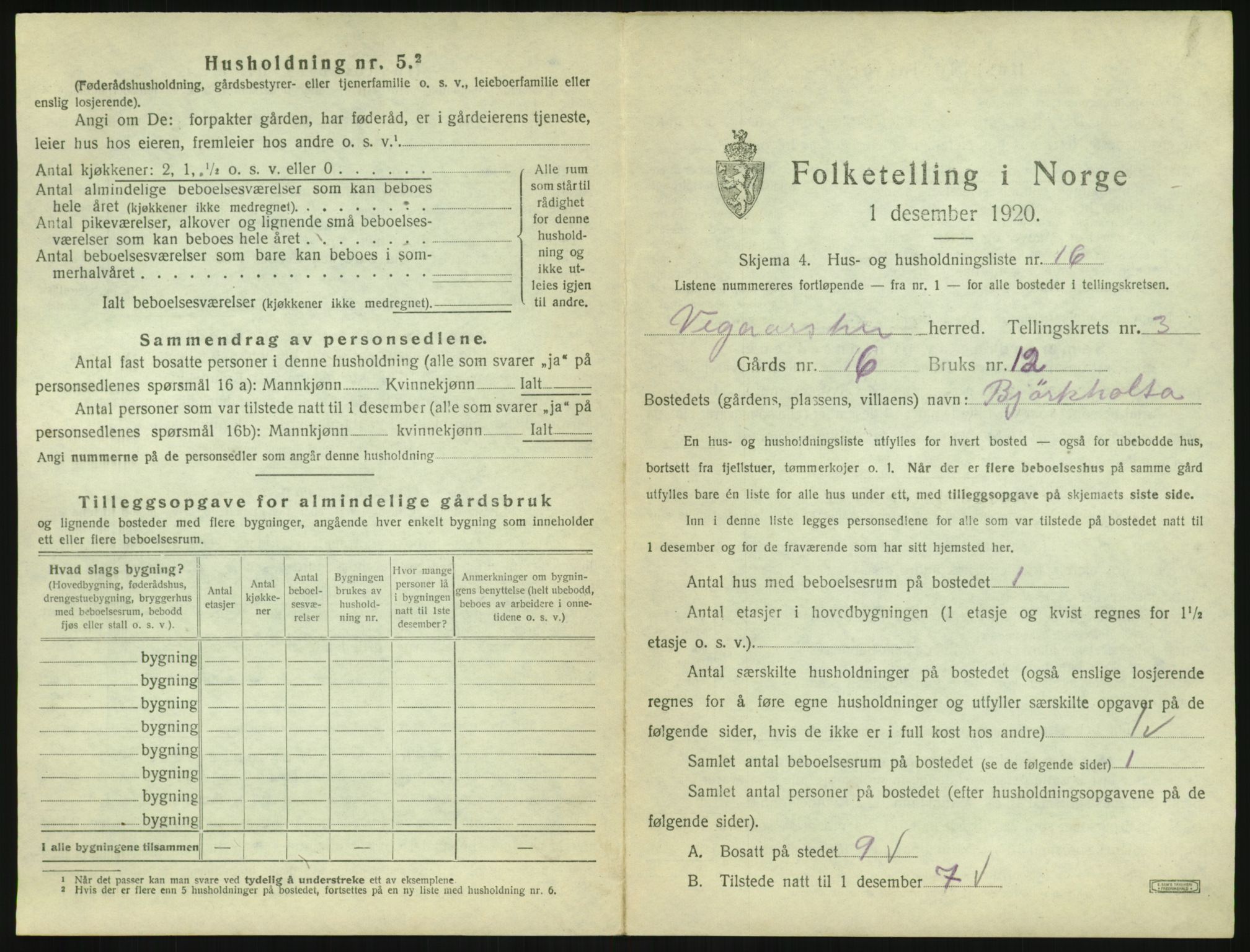 SAK, 1920 census for Vegårshei, 1920, p. 220