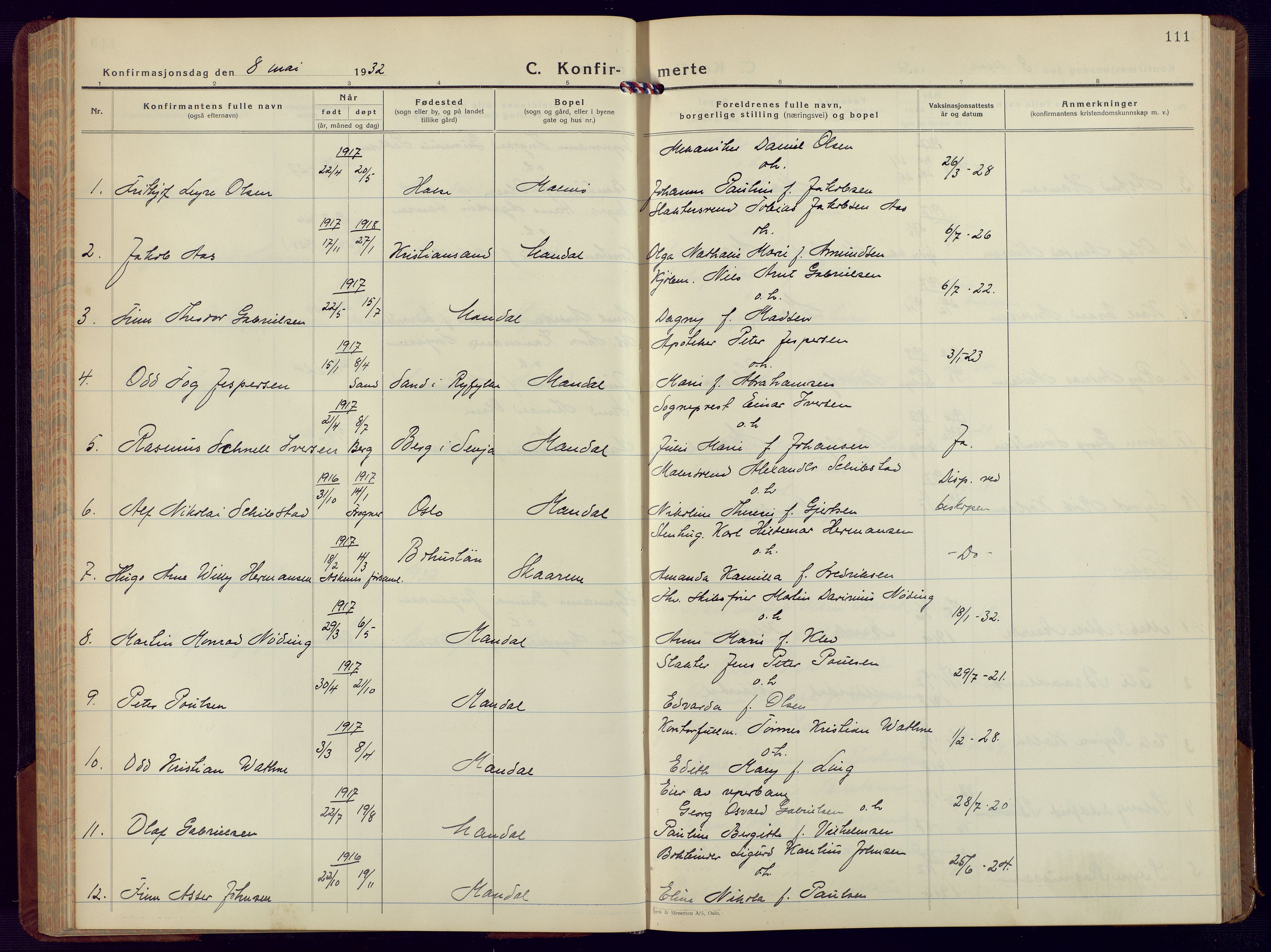 Mandal sokneprestkontor, AV/SAK-1111-0030/F/Fb/Fbc/L0002: Parish register (copy) no. B 2, 1931-1949, p. 111