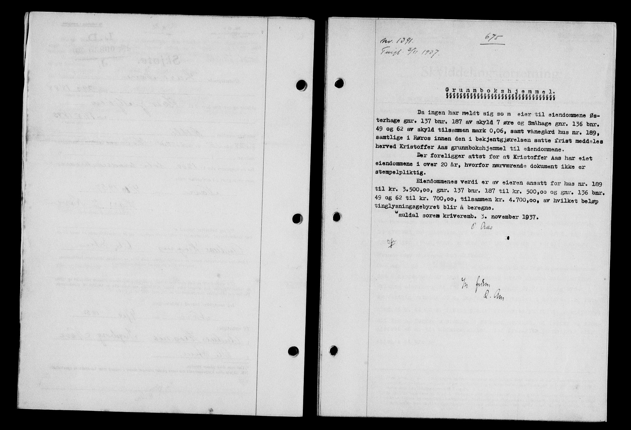 Gauldal sorenskriveri, SAT/A-0014/1/2/2C/L0048: Mortgage book no. 51-52, 1937-1938, p. 675, Diary no: : 1391/1937