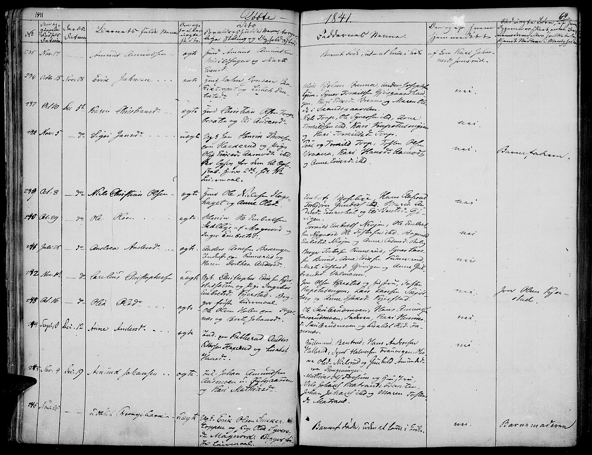 Vinger prestekontor, AV/SAH-PREST-024/H/Ha/Haa/L0008: Parish register (official) no. 8, 1839-1847, p. 64