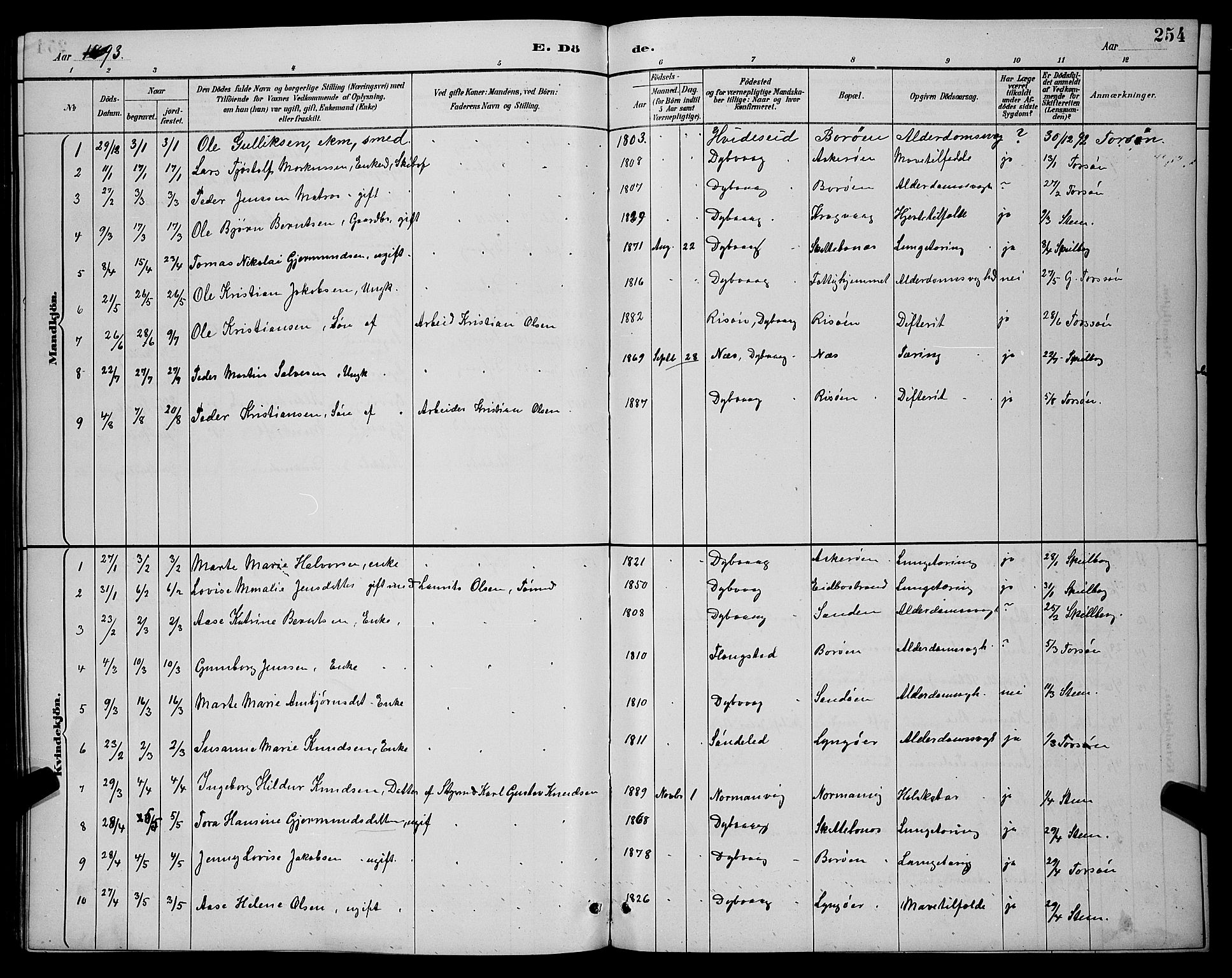 Dypvåg sokneprestkontor, SAK/1111-0007/F/Fb/Fba/L0013: Parish register (copy) no. B 13, 1887-1900, p. 254