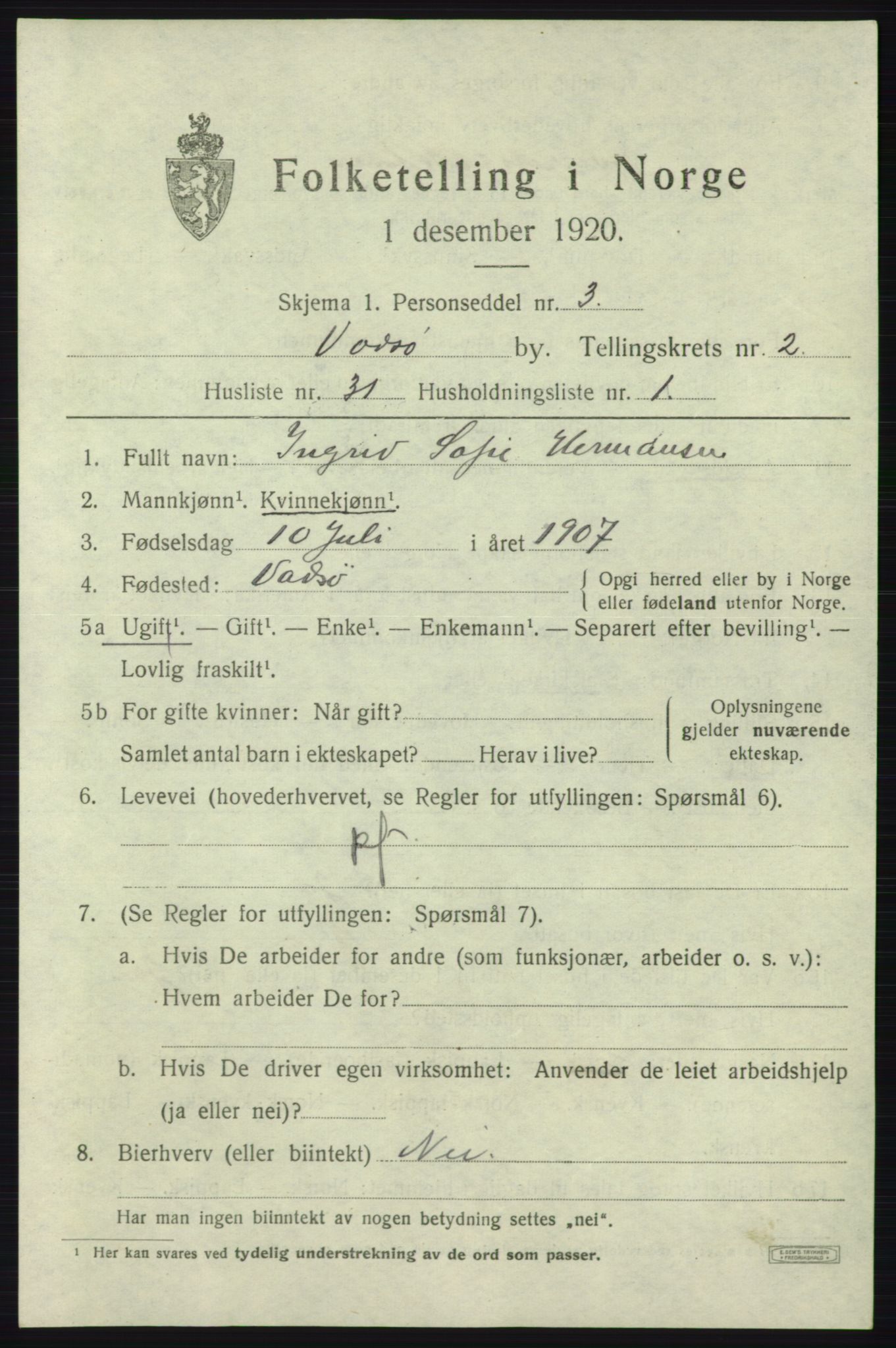 SATØ, 1920 census for Vadsø, 1920, p. 3741