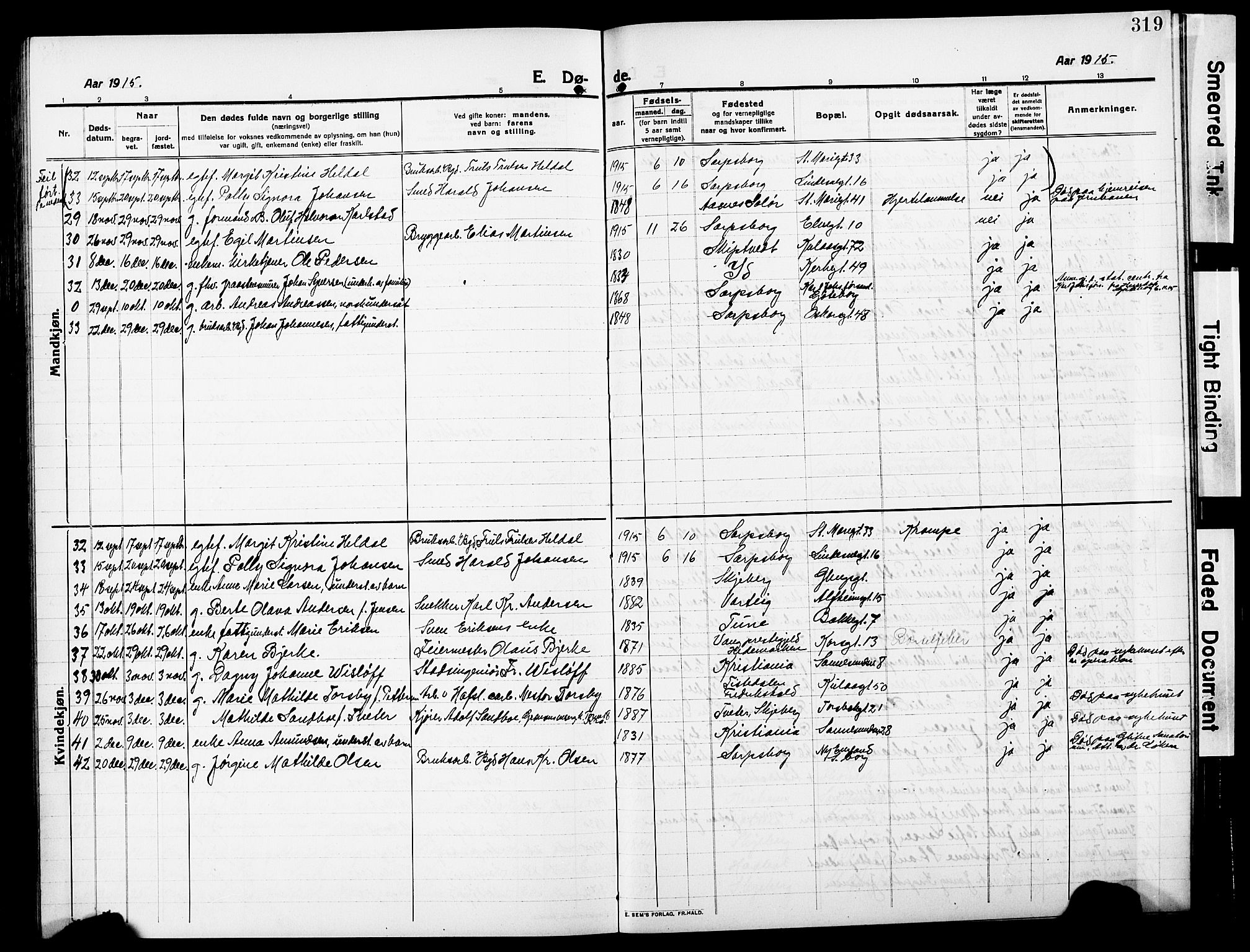 Sarpsborg prestekontor Kirkebøker, AV/SAO-A-2006/G/Ga/L0002: Parish register (copy) no. 2, 1912-1931, p. 319