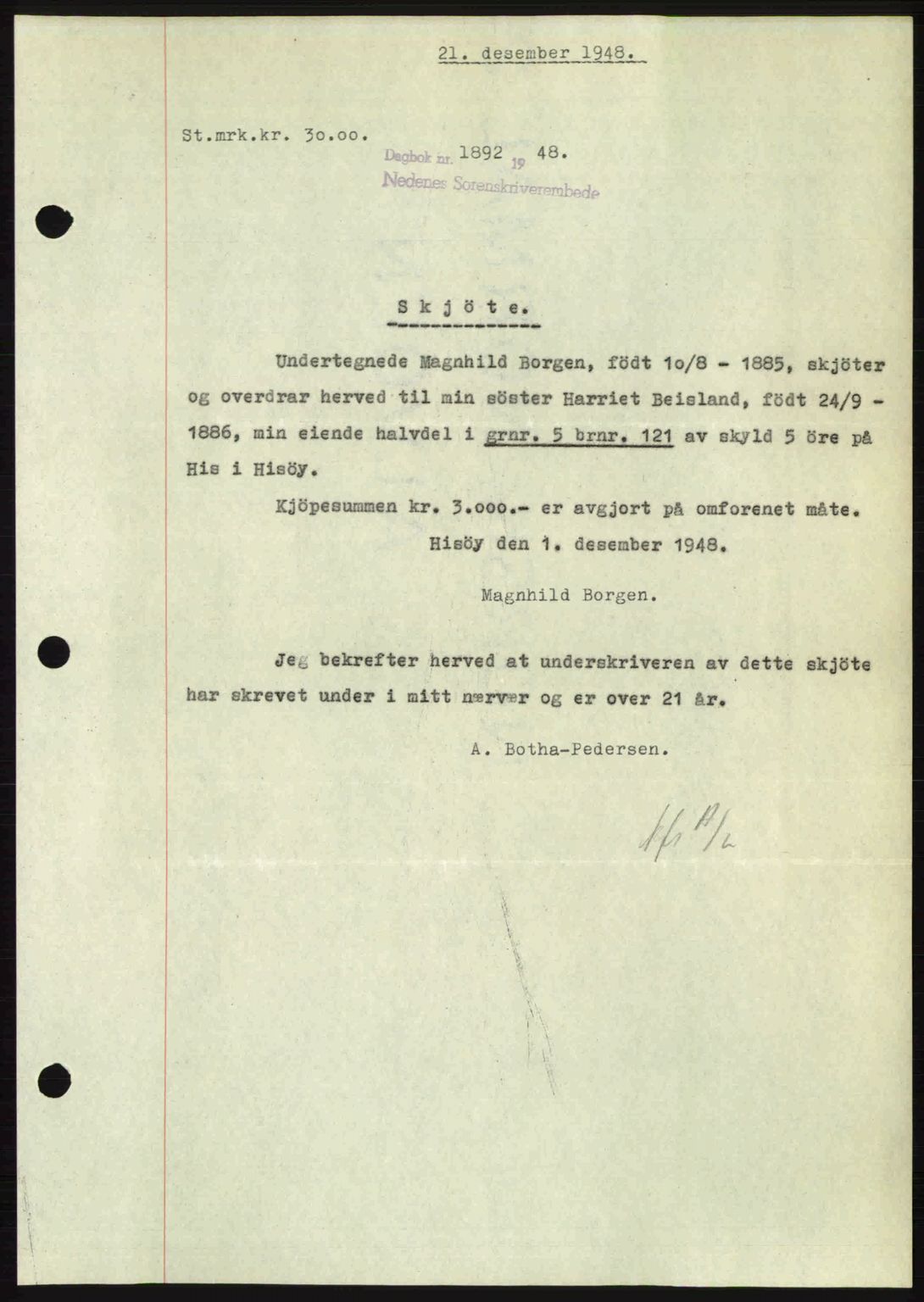 Nedenes sorenskriveri, SAK/1221-0006/G/Gb/Gba/L0060: Mortgage book no. A12, 1948-1949, Diary no: : 1892/1948