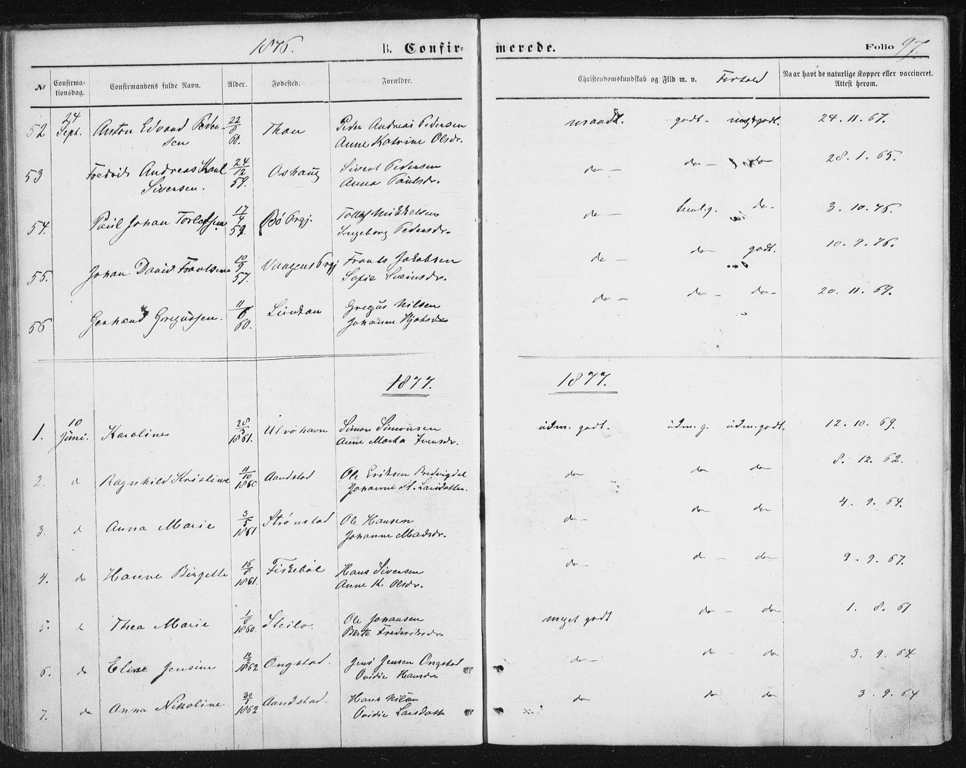 Ministerialprotokoller, klokkerbøker og fødselsregistre - Nordland, SAT/A-1459/888/L1243: Parish register (official) no. 888A09, 1876-1879, p. 97