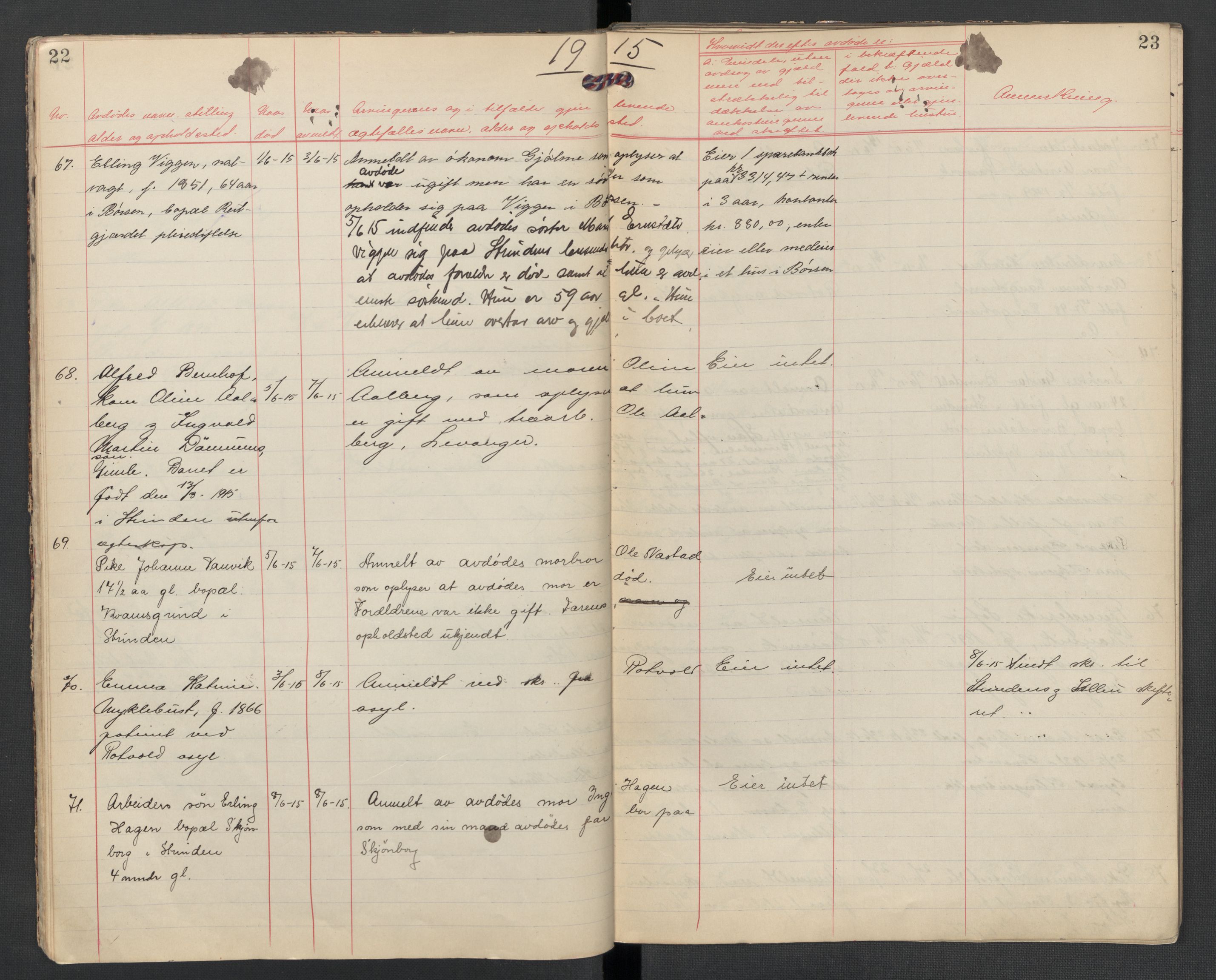 Strinda lensmannskontor, AV/SAT-A-1083/1/02/L0002: 2.01.02 Dødsfallsprotokoll, 1915-1918, p. 22-23