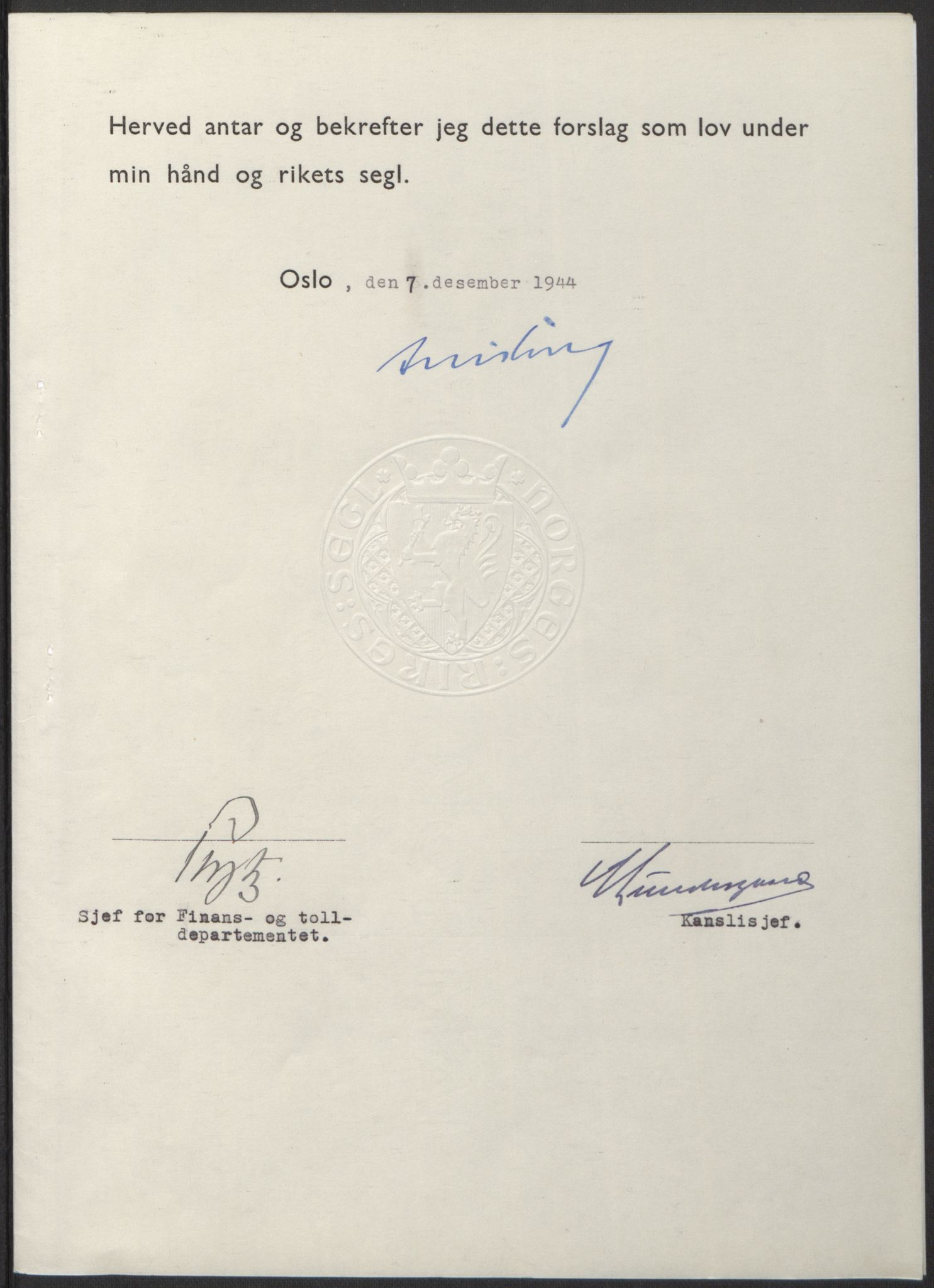 NS-administrasjonen 1940-1945 (Statsrådsekretariatet, de kommisariske statsråder mm), AV/RA-S-4279/D/Db/L0100: Lover, 1944, p. 618