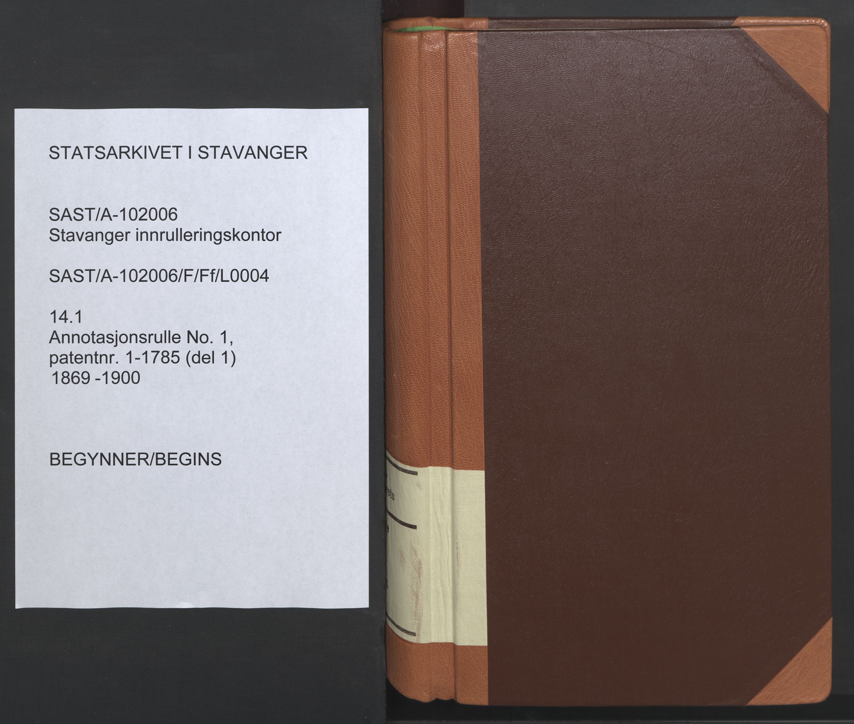 Stavanger sjømannskontor, SAST/A-102006/F/Ff/L0004: Annotasjonsrulle No. 1, patentnr. 1-1785 (del 1), 1869-1900, p. 1
