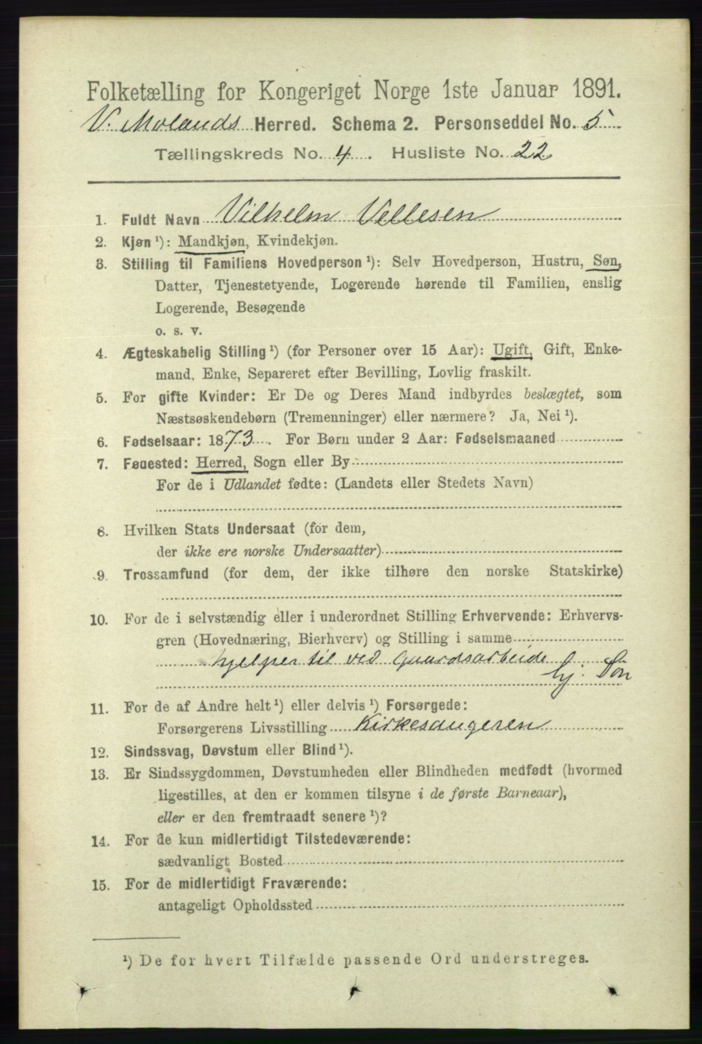 RA, 1891 census for 0926 Vestre Moland, 1891, p. 1368