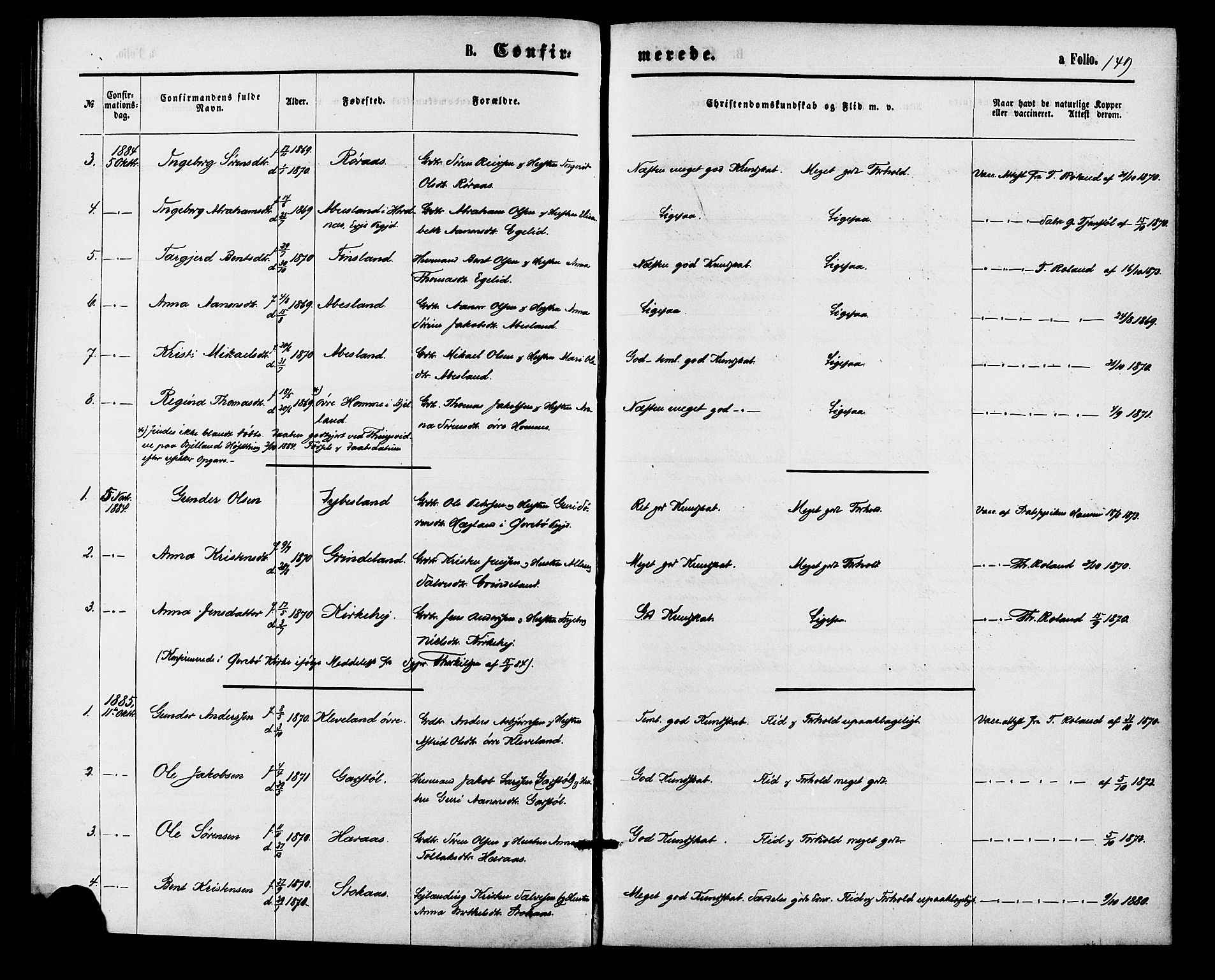 Bjelland sokneprestkontor, AV/SAK-1111-0005/F/Fa/Fab/L0003: Parish register (official) no. A 3, 1870-1887, p. 149
