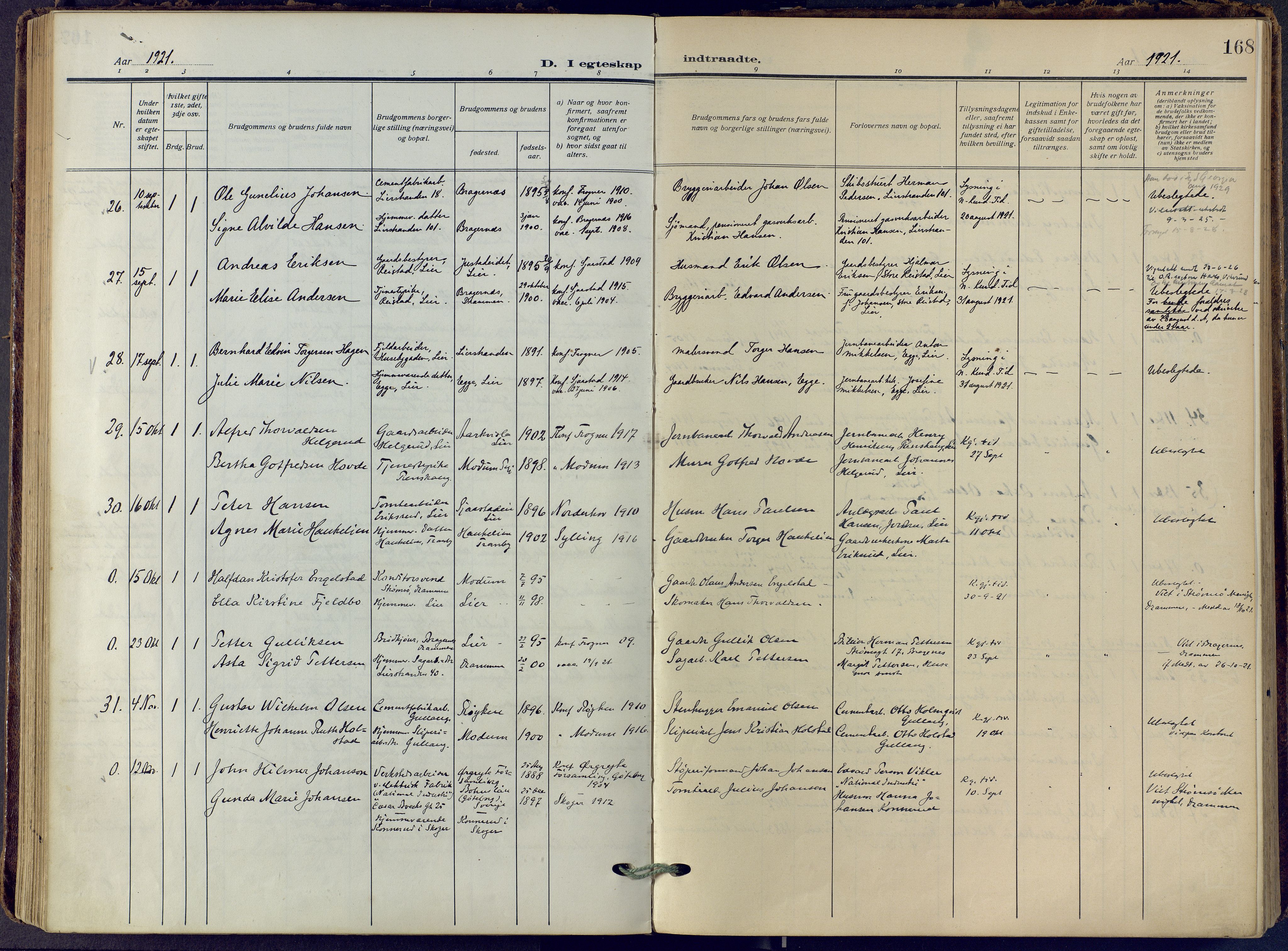Lier kirkebøker, SAKO/A-230/F/Fa/L0019: Parish register (official) no. I 19, 1918-1928, p. 168