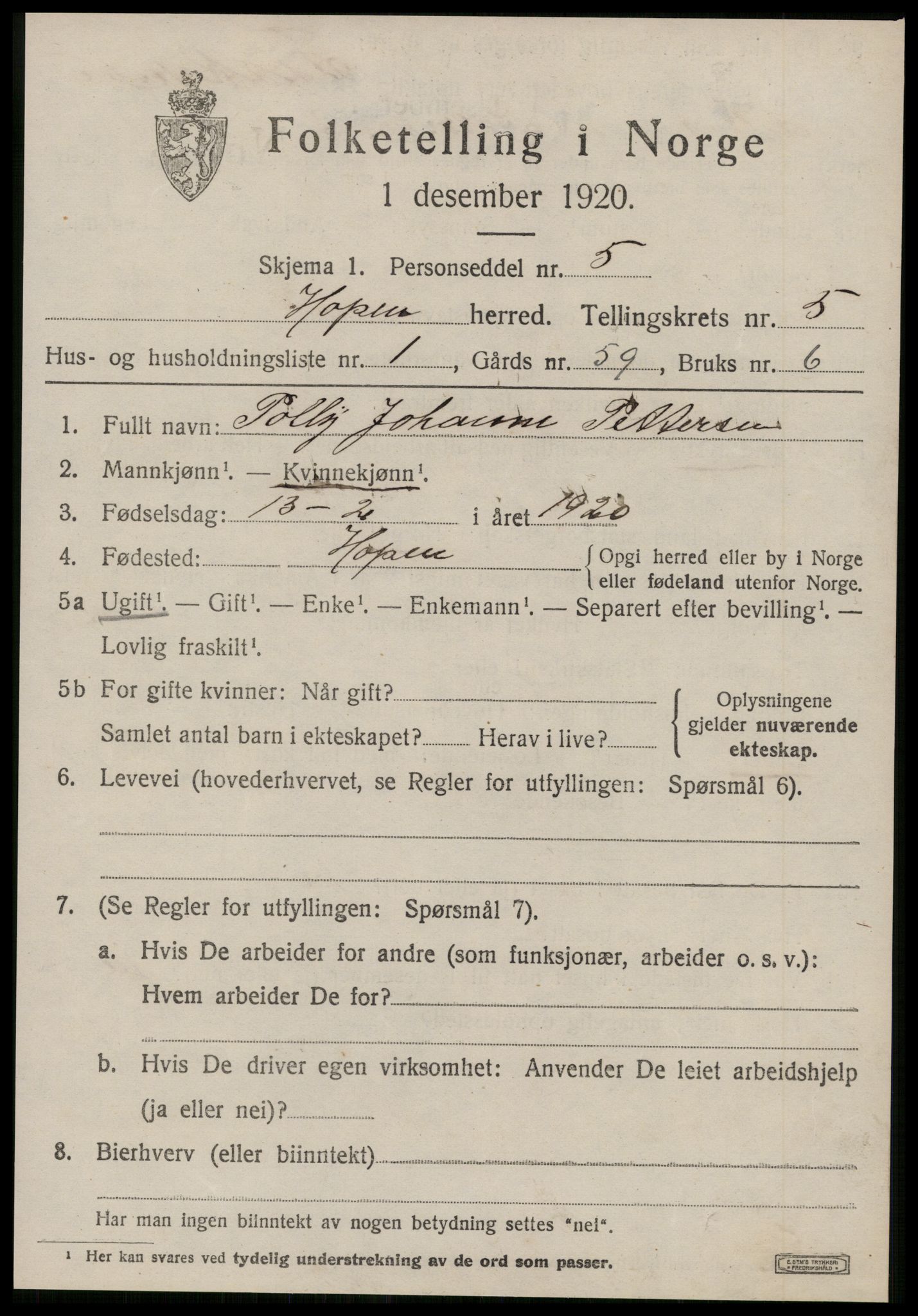 SAT, 1920 census for Hopen, 1920, p. 2360