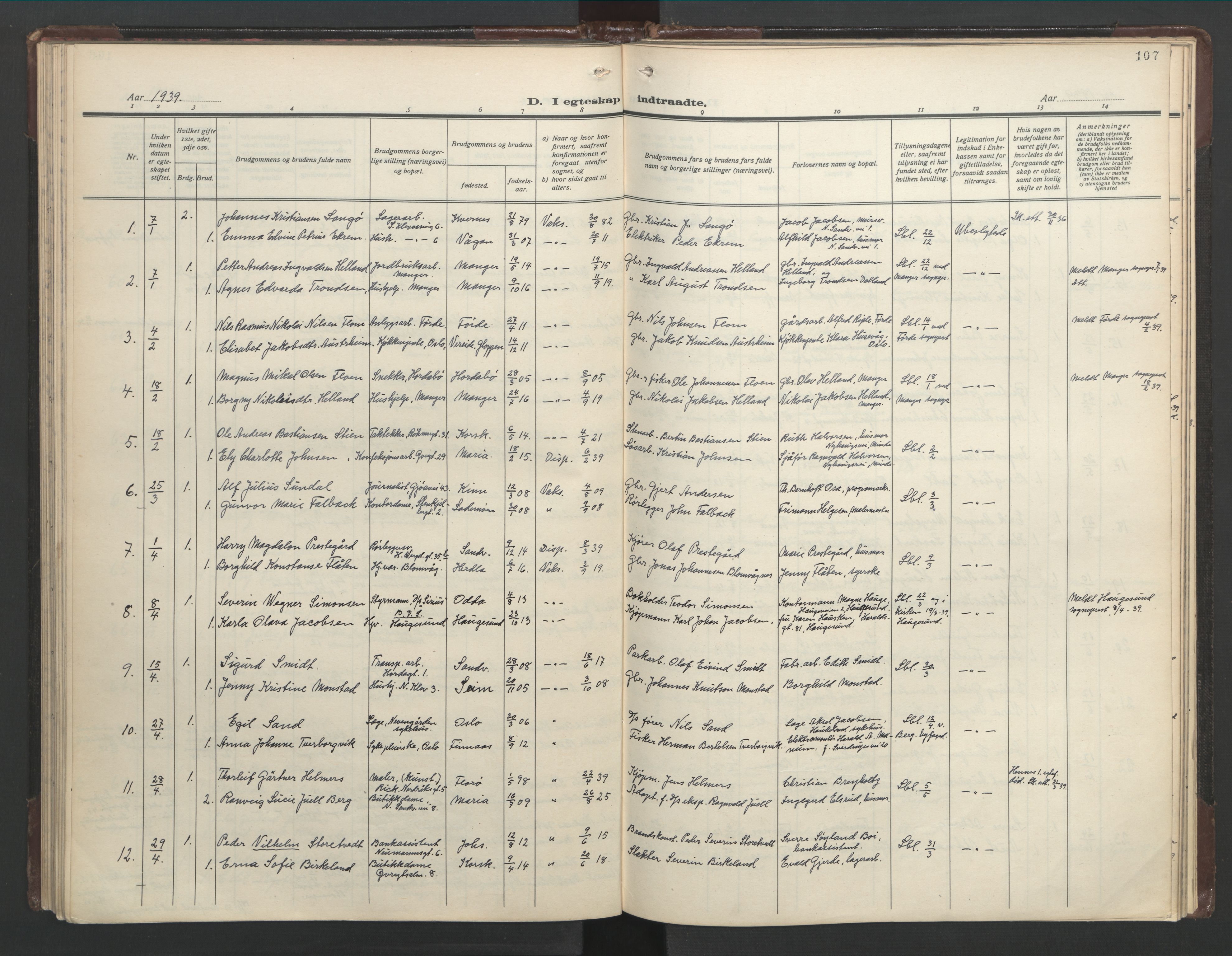 Mariakirken Sokneprestembete, SAB/A-76901/H/Hab/L0011: Parish register (copy) no. A 11, 1938-1955, p. 106b-107a